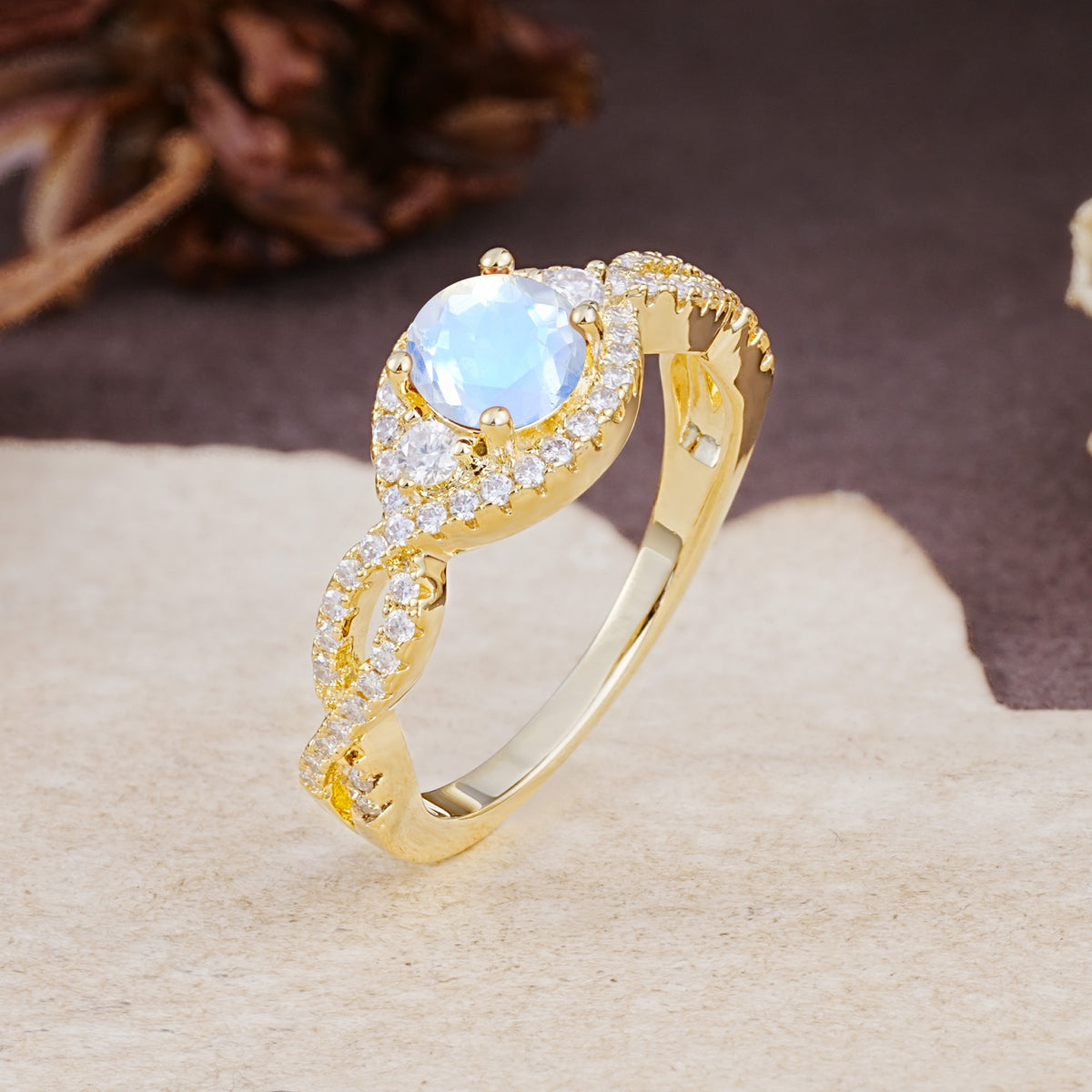 Vintage Round Cut Moonstone Halo Twisted Engagement Ring - Additional view