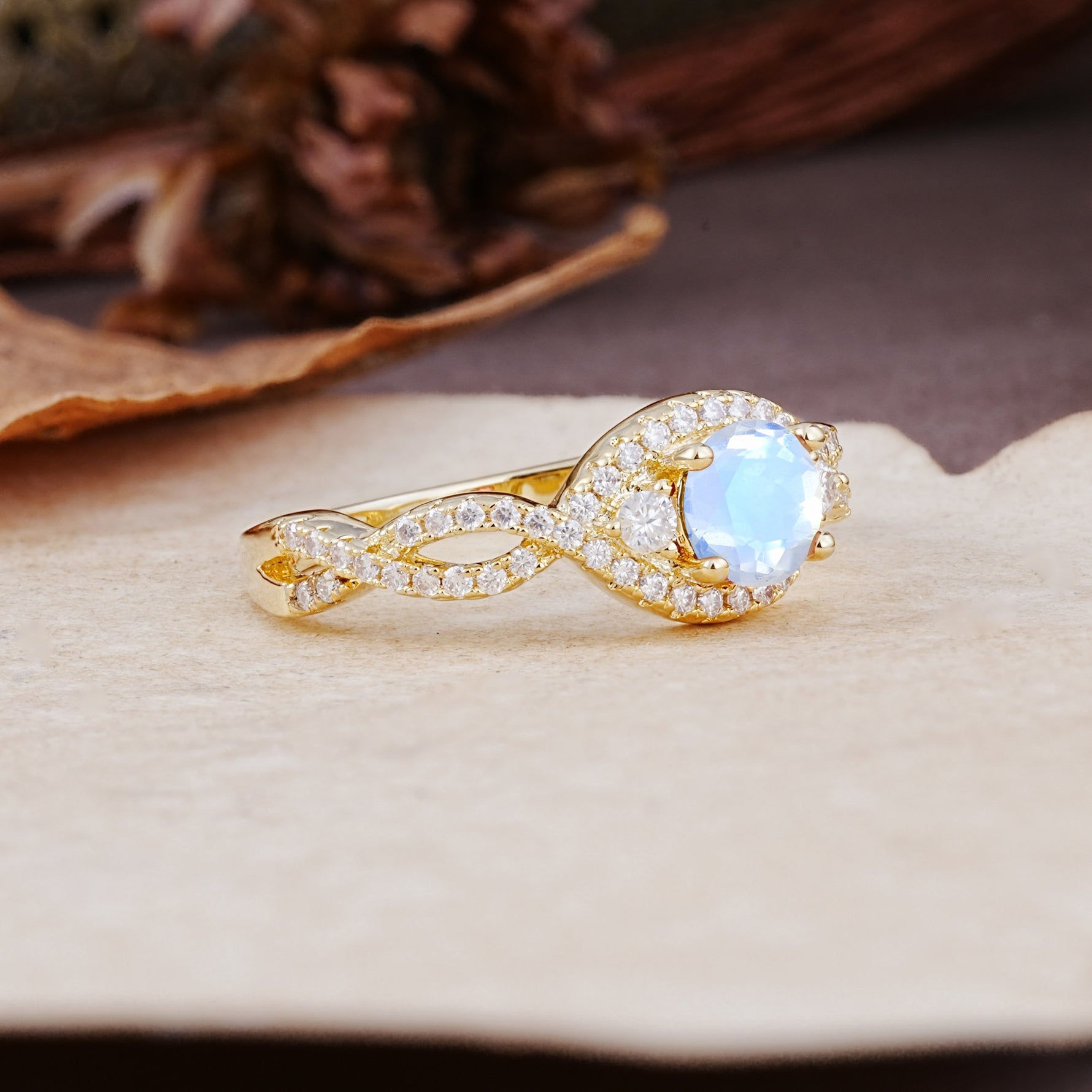 Vintage Round Cut Moonstone Halo Twisted Engagement Ring - Additional view