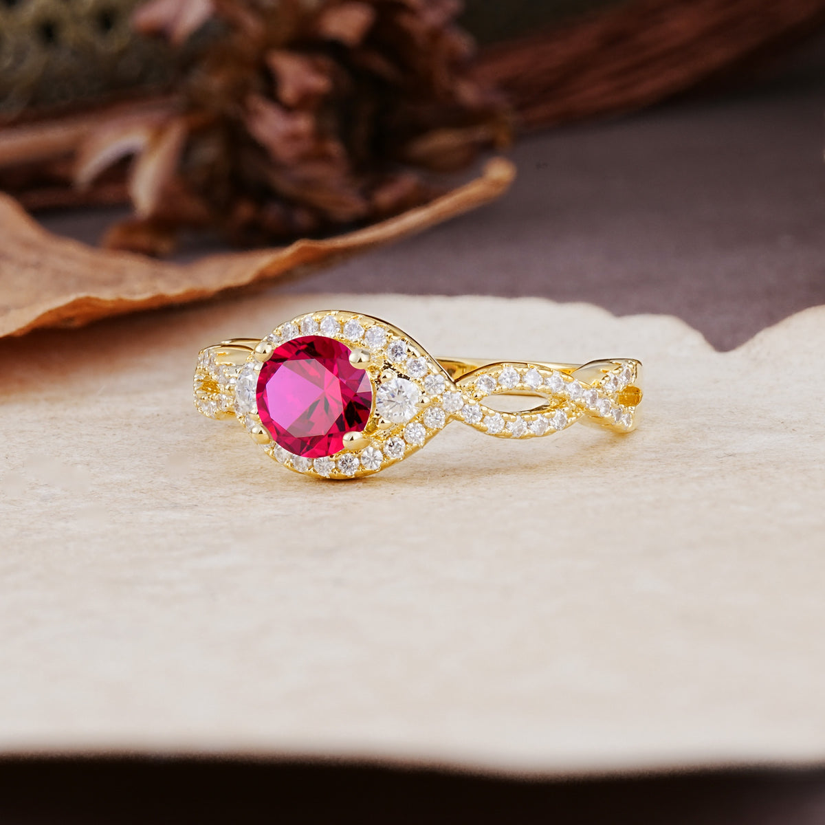 Vintage Round Cut Ruby Halo Twisted Engagement Ring - Additional view