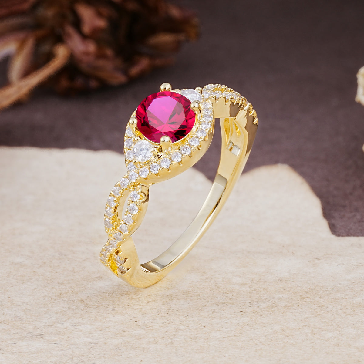 Vintage Round Cut Ruby Halo Twisted Engagement Ring - Additional view