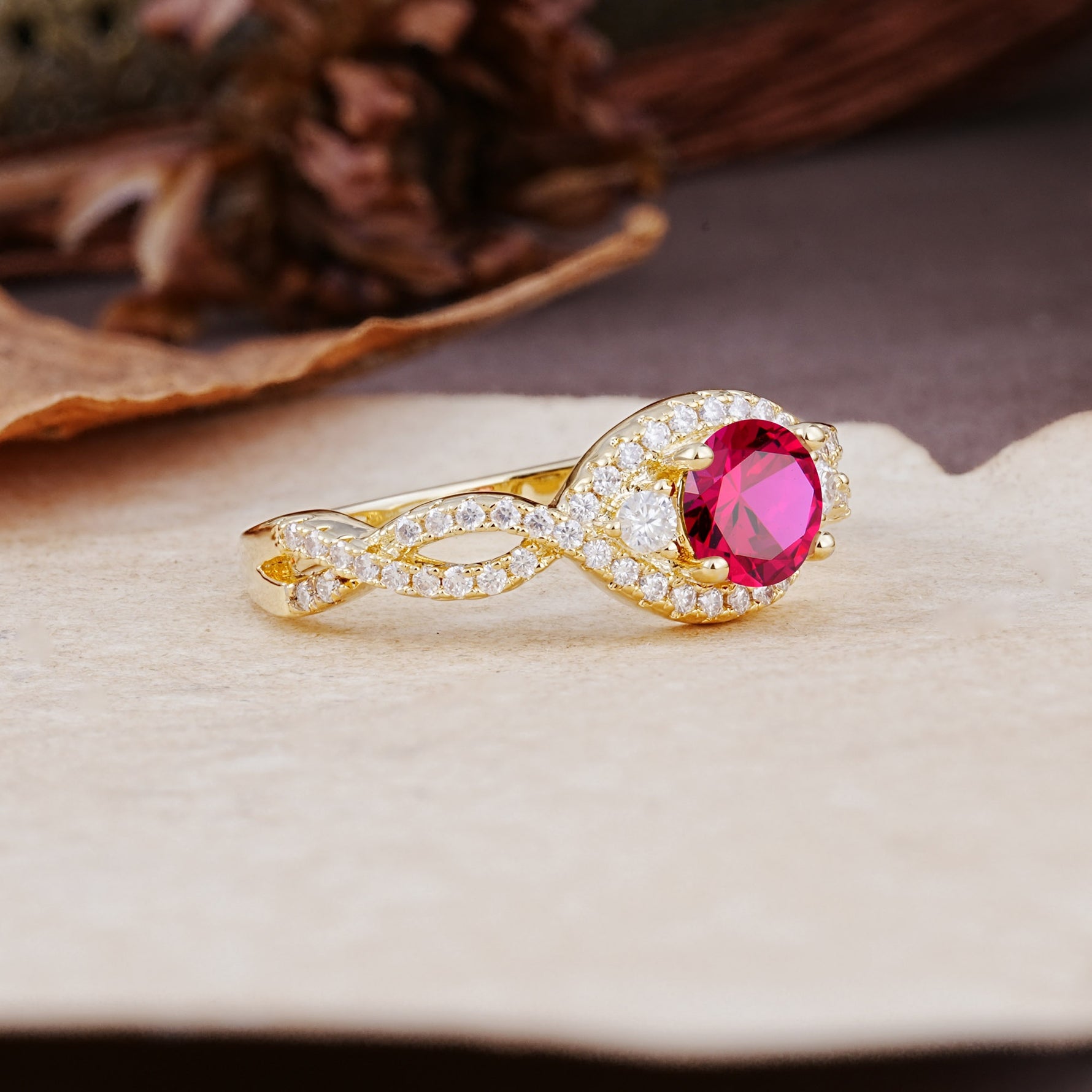 Vintage Round Cut Ruby Halo Twisted Engagement Ring - Additional view
