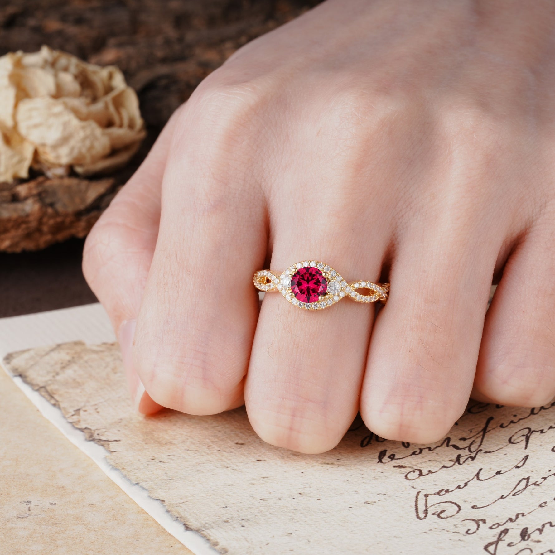 Vintage Round Cut Ruby Halo Twisted Engagement Ring - Additional view