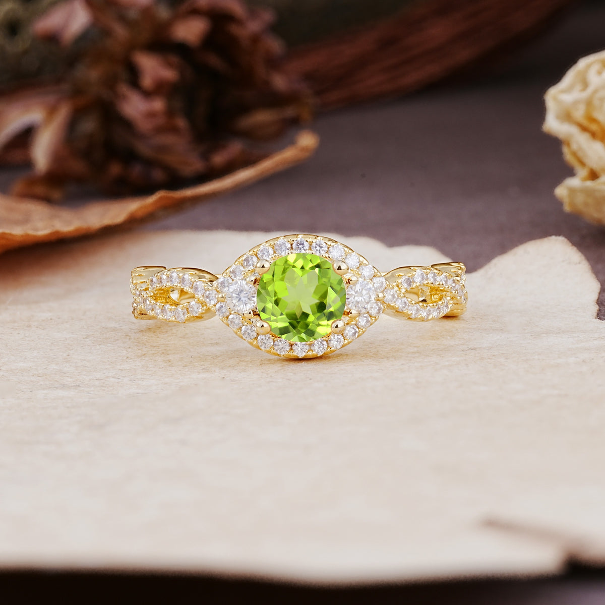 Vintage Round Cut Peridot Halo Twisted Engagement Ring - Additional view