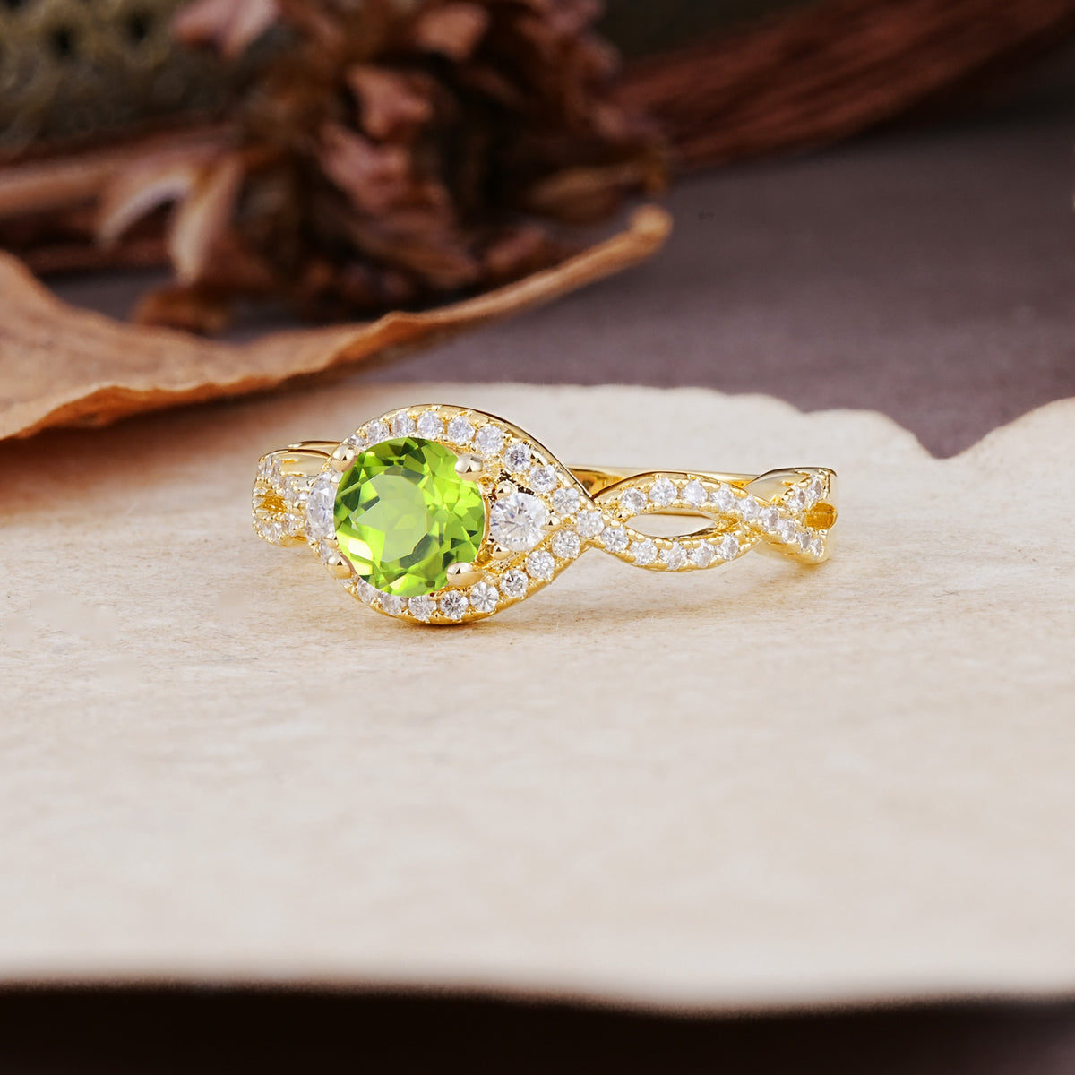 Vintage Round Cut Peridot Halo Twisted Engagement Ring - Additional view