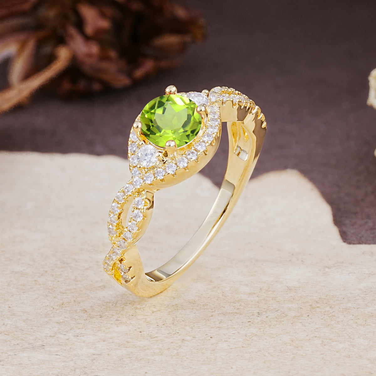 Vintage Round Cut Peridot Halo Twisted Engagement Ring - Additional view