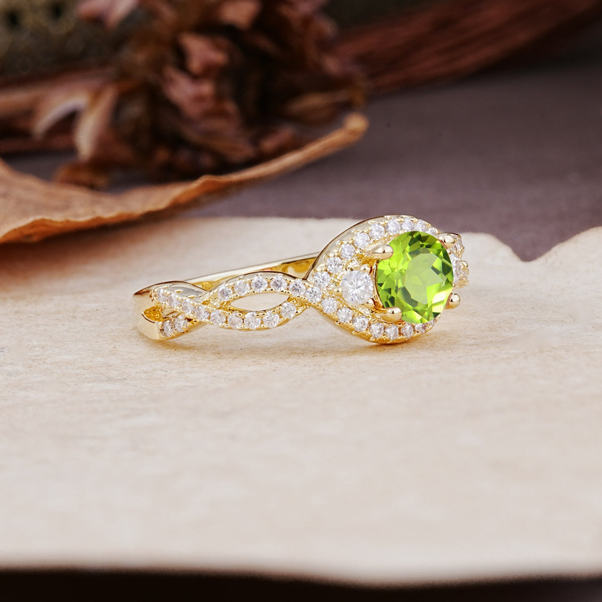 Vintage Round Cut Peridot Halo Twisted Engagement Ring - Additional view
