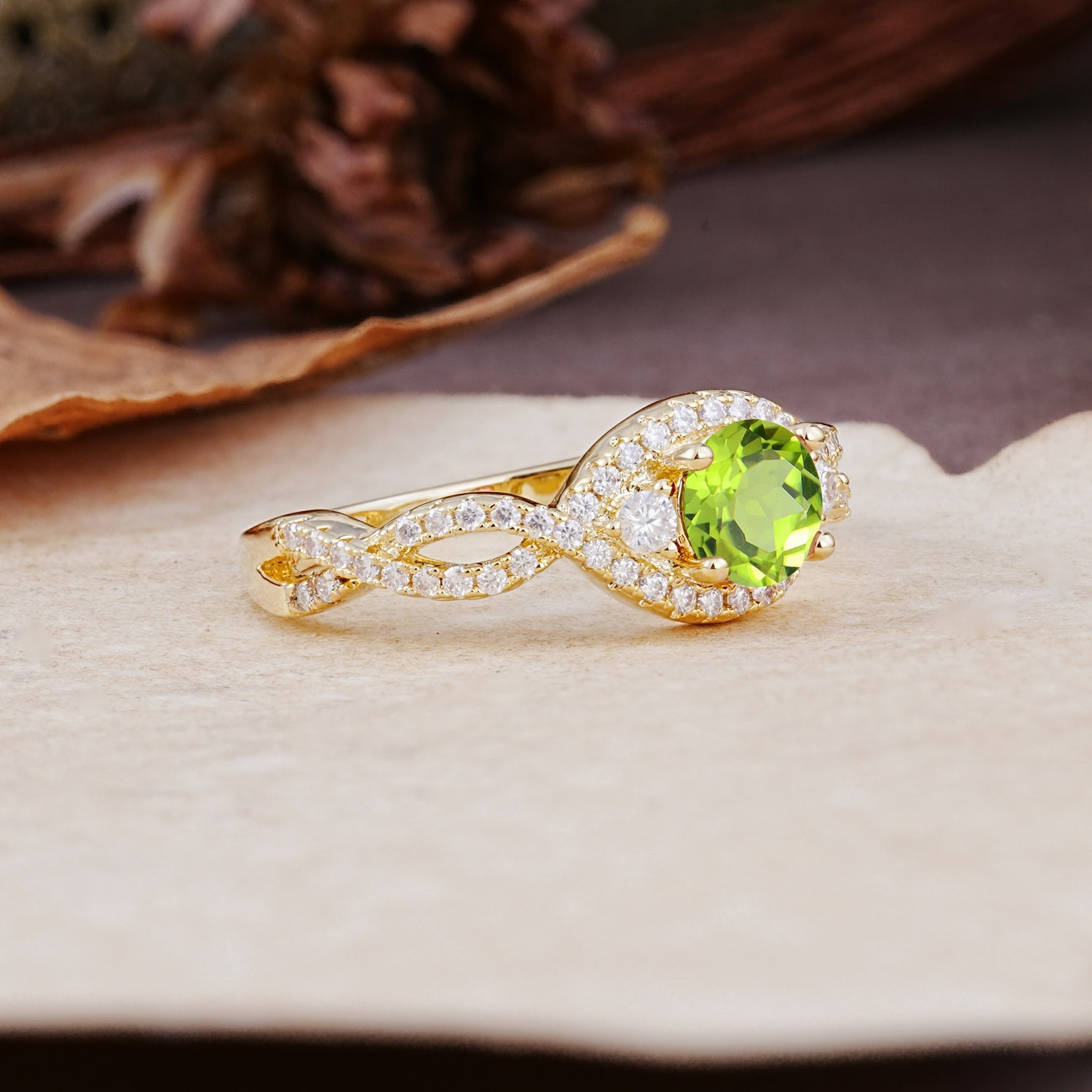 Vintage Round Cut Peridot Halo Twisted Engagement Ring - Additional view