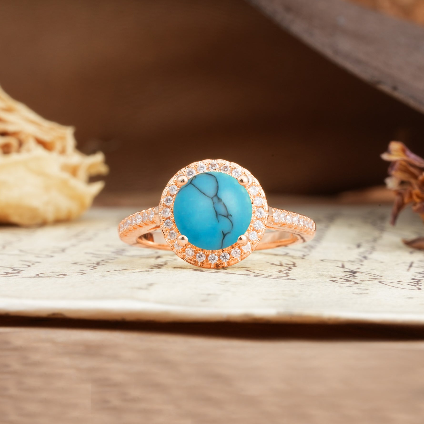 Luxurious and Dazzling 4 Prong Round Cut Turquoise Engagement Ring - Additional view