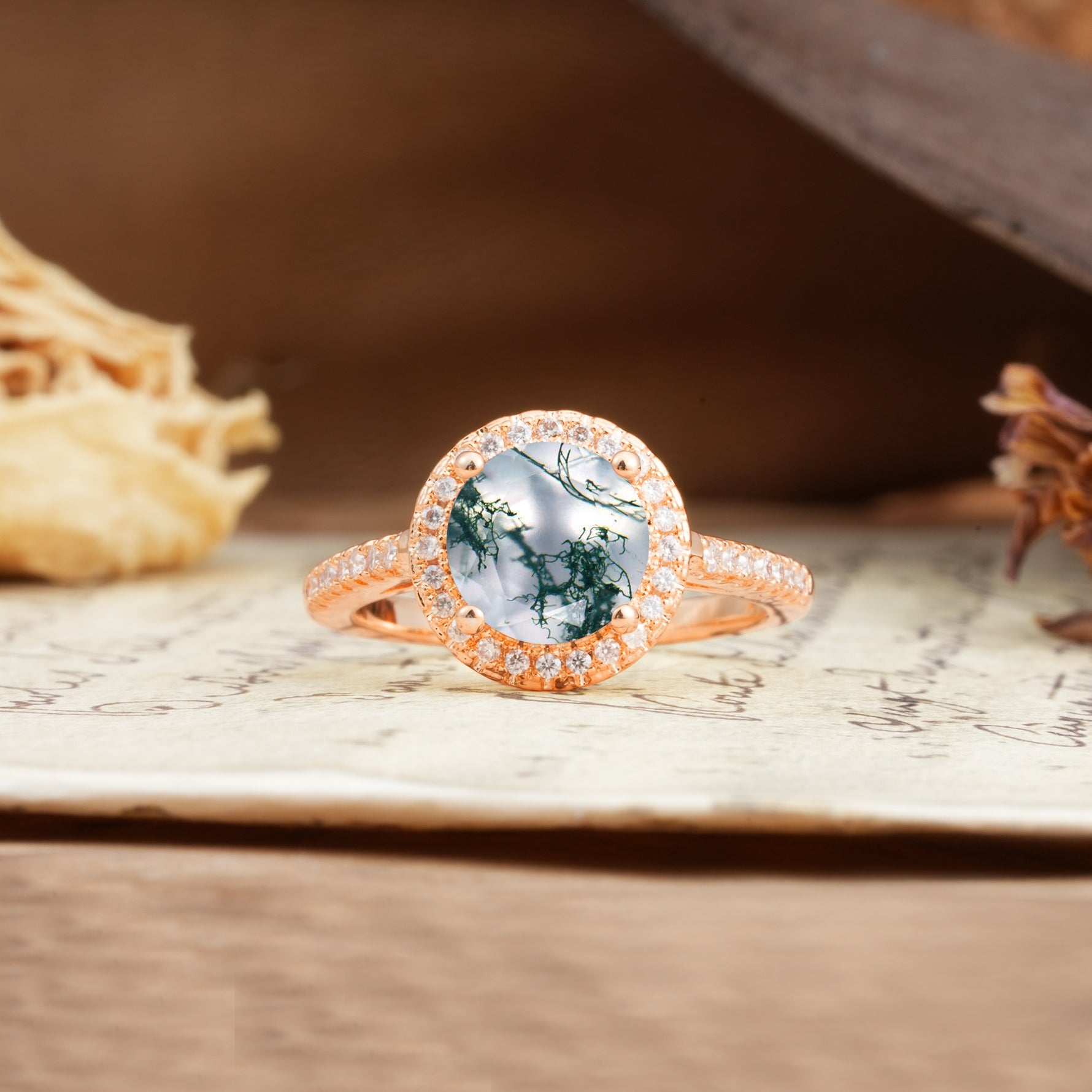 Luxurious and Dazzling 4 Prong Round Cut Moss Agate Engagement Ring - Additional view