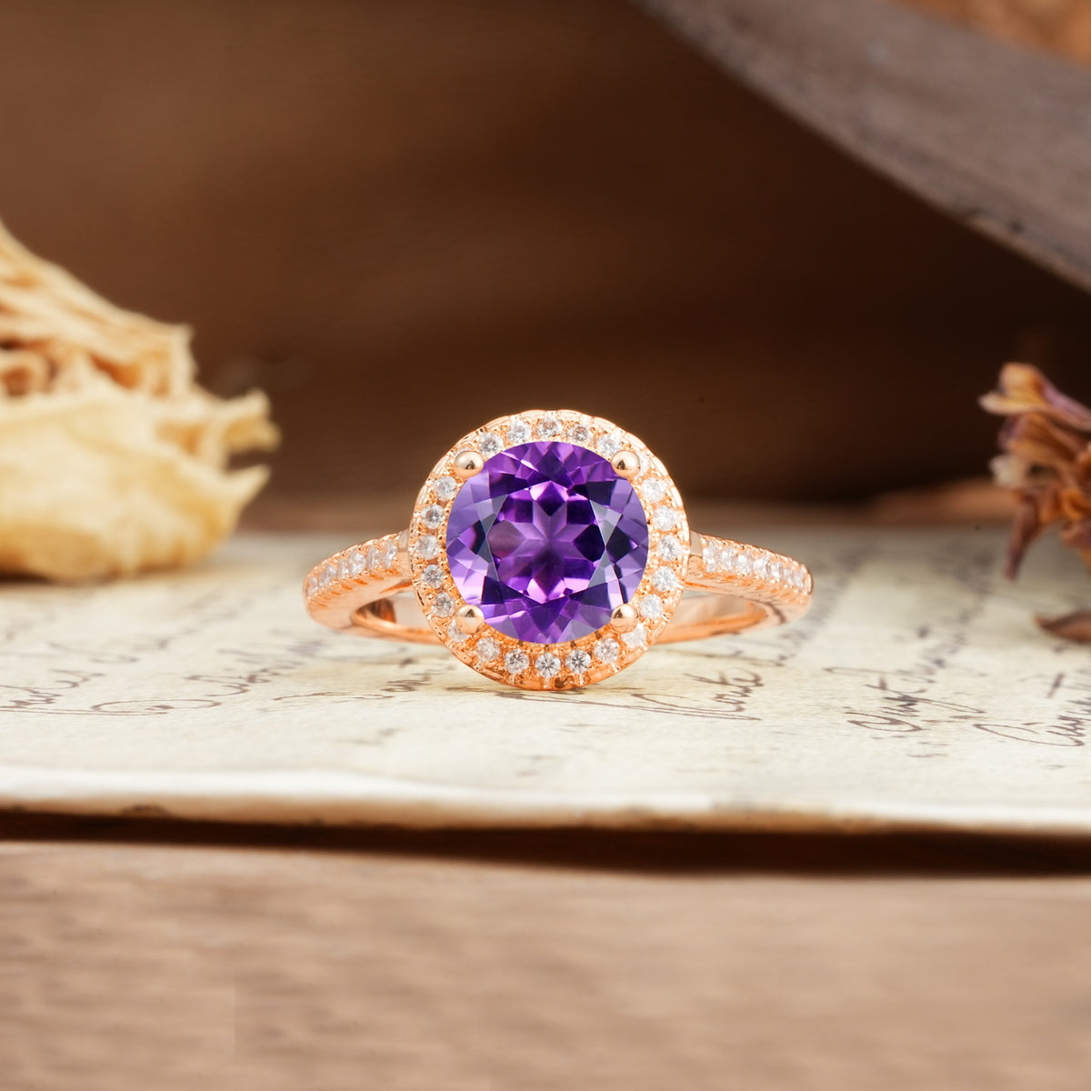 Luxurious and Dazzling 4 Prong Round Cut Amethyst Engagement Ring - Additional view