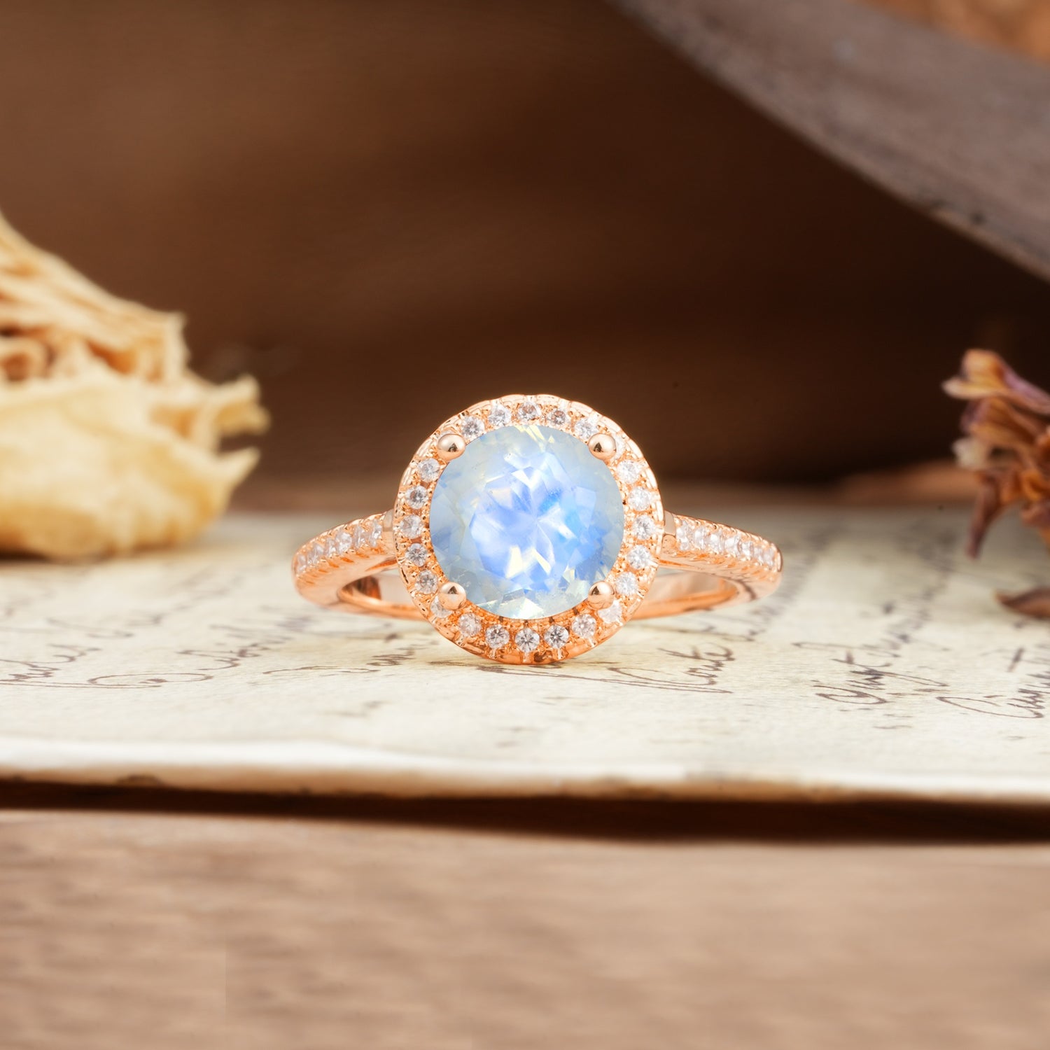 Luxurious and Dazzling 4 Prong Round Cut Moonstone Engagement Ring - Additional view