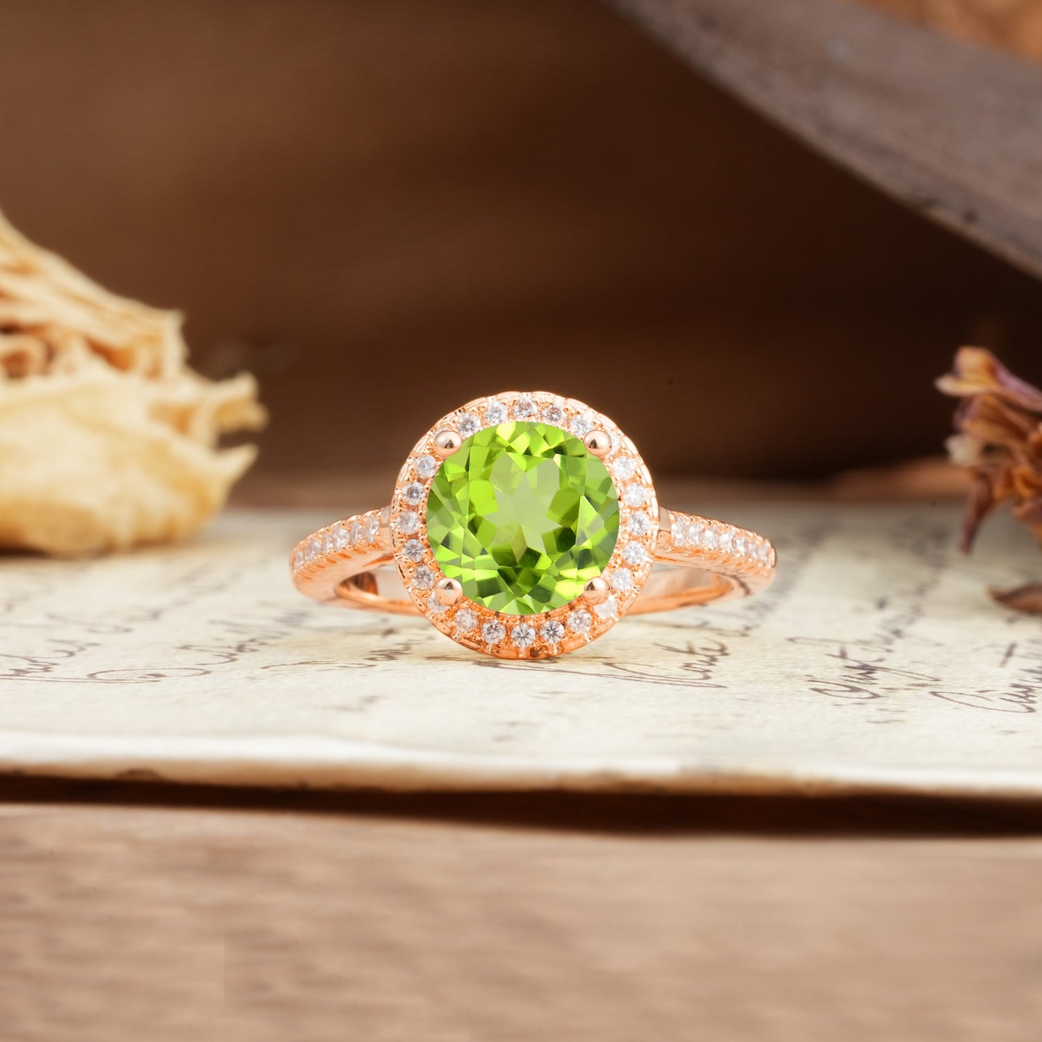 Luxurious and Dazzling 4 Prong Round Cut Peridot Engagement Ring - Additional view