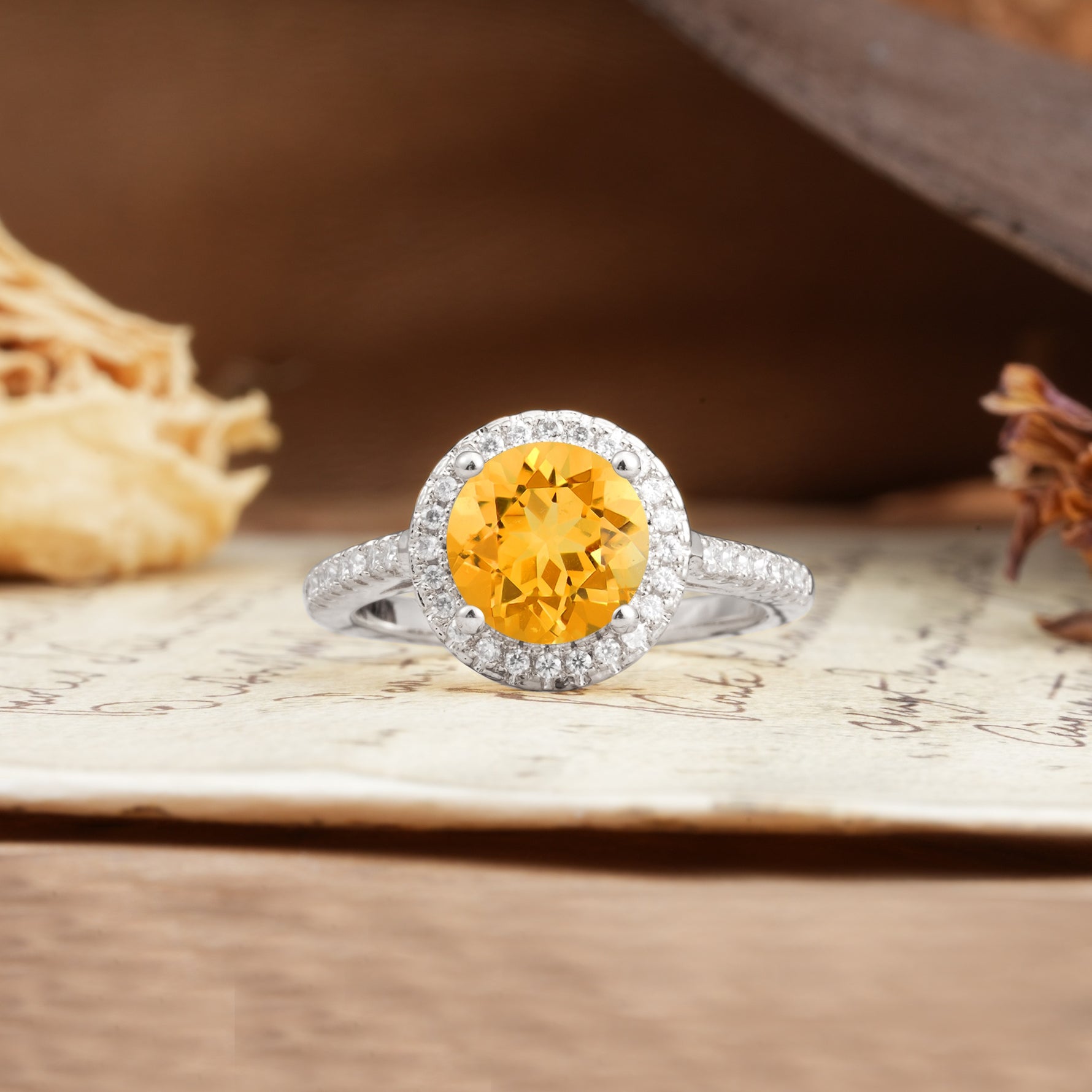 Luxurious and Dazzling 4 Prong Round Cut Citrine Engagement Ring - Additional view