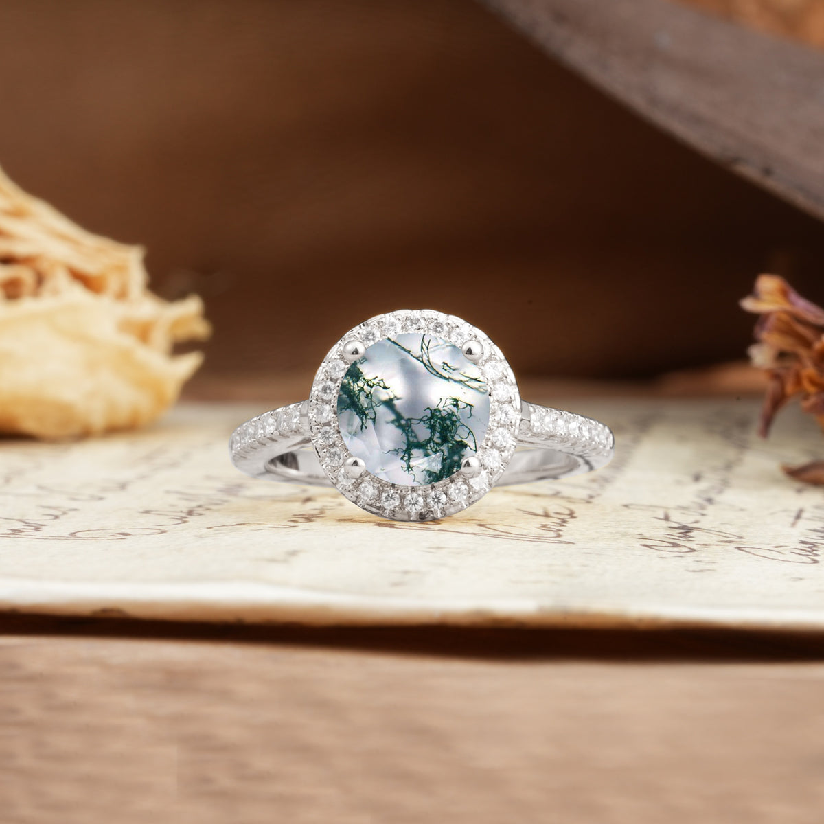 Luxurious and Dazzling 4 Prong Round Cut Moss Agate Engagement Ring - Additional view