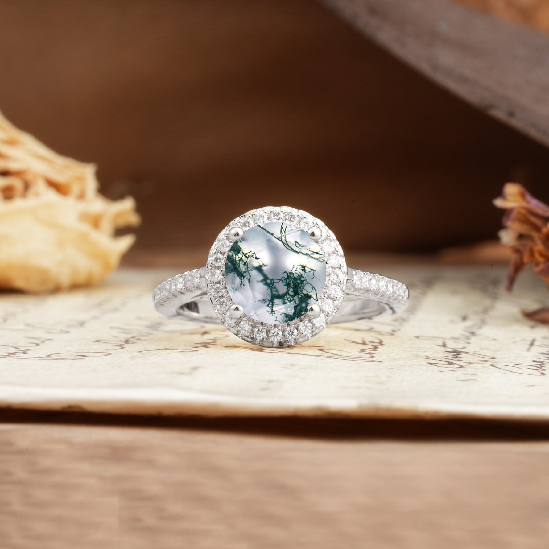 Luxurious and Dazzling 4 Prong Round Cut Moss Agate Engagement Ring - Additional view