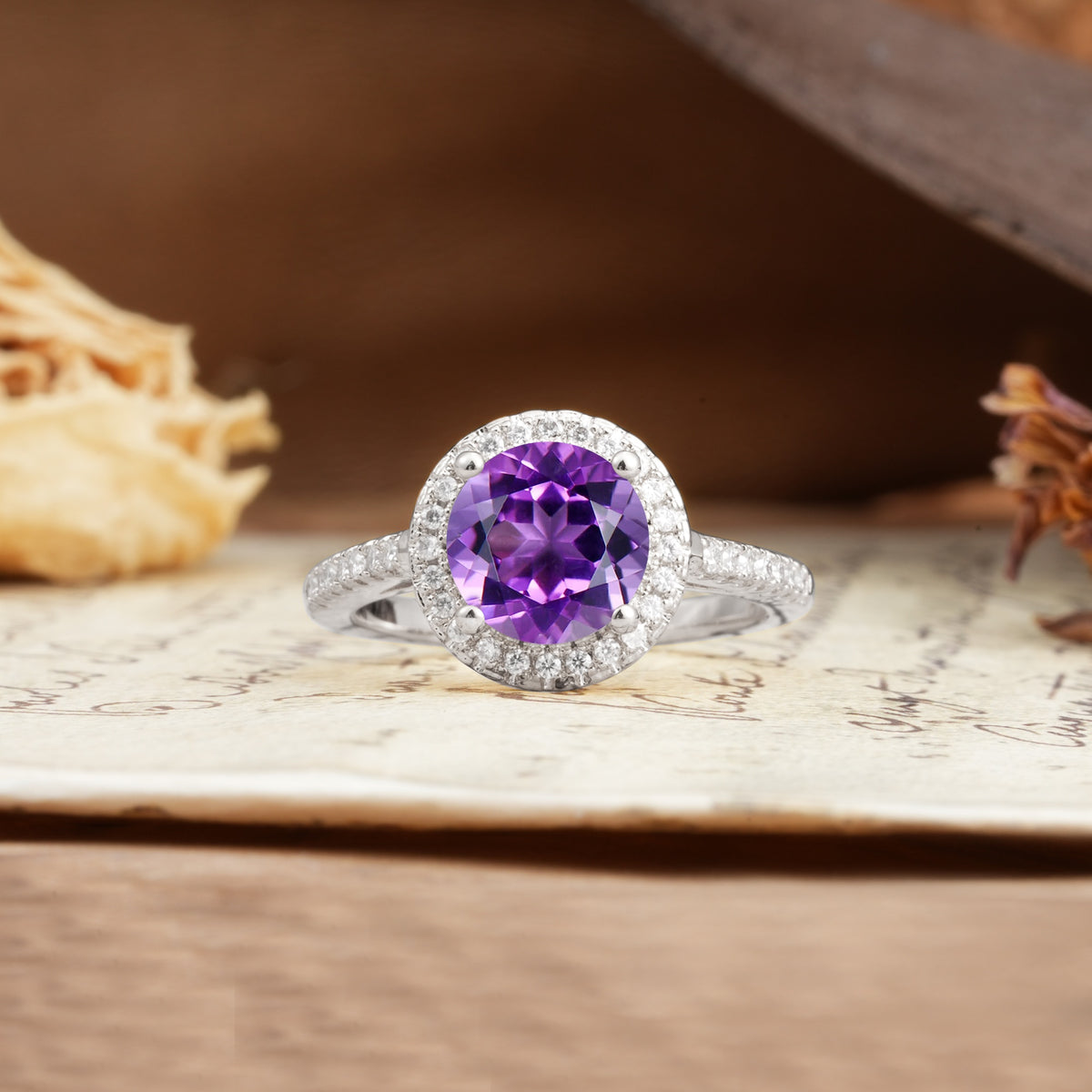 Luxurious and Dazzling 4 Prong Round Cut Amethyst Engagement Ring - Additional view