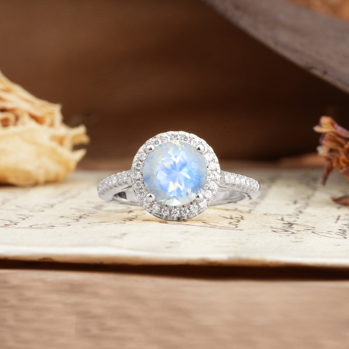 Luxurious and Dazzling 4 Prong Round Cut Moonstone Engagement Ring - Additional view