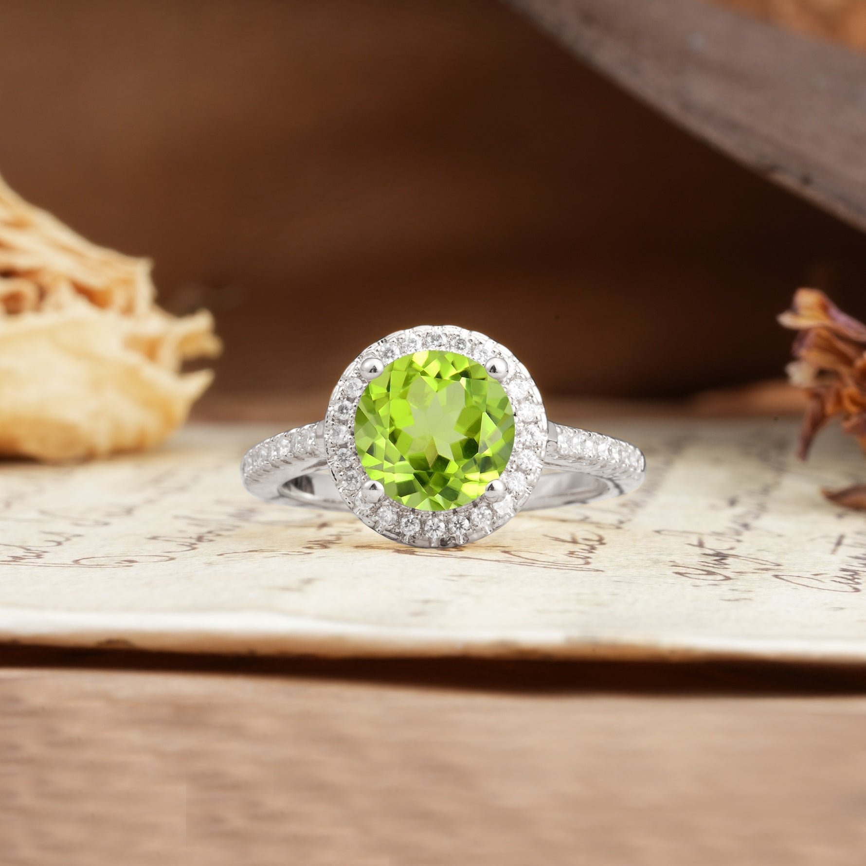 Luxurious and Dazzling 4 Prong Round Cut Peridot Engagement Ring - Additional view