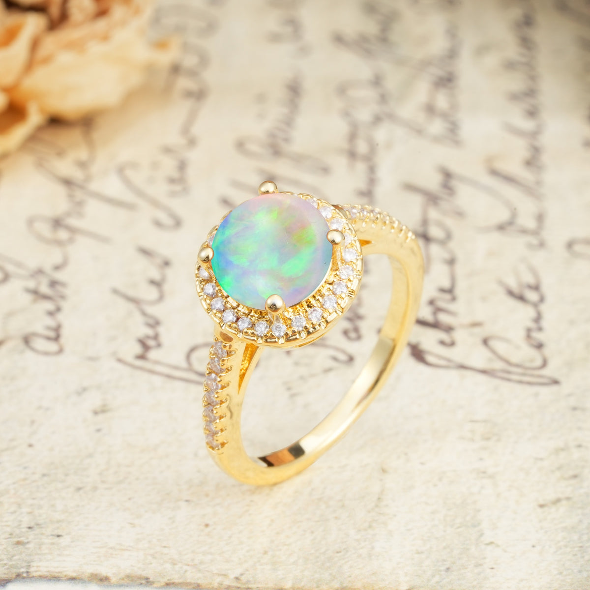 Luxurious and Dazzling 4 Prong Round Cut Fire Opal Engagement Ring - Additional view