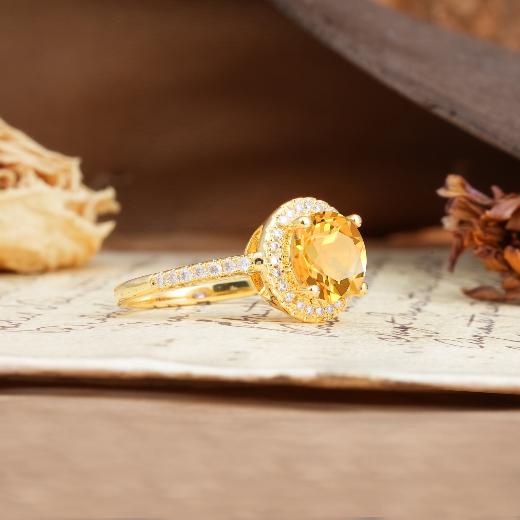 Luxurious and Dazzling 4 Prong Round Cut Citrine Engagement Ring - Additional view