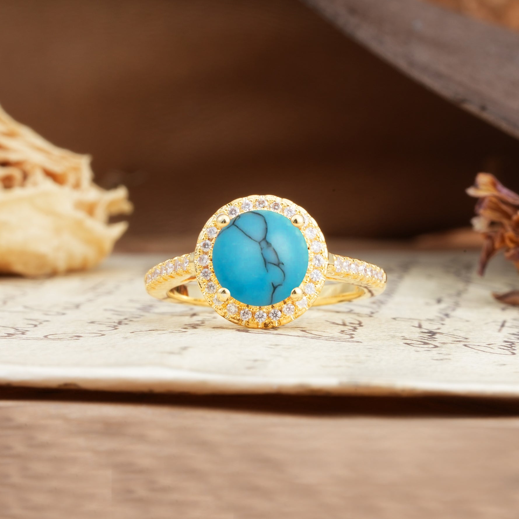 Luxurious and Dazzling 4 Prong Round Cut Turquoise Engagement Ring - Additional view