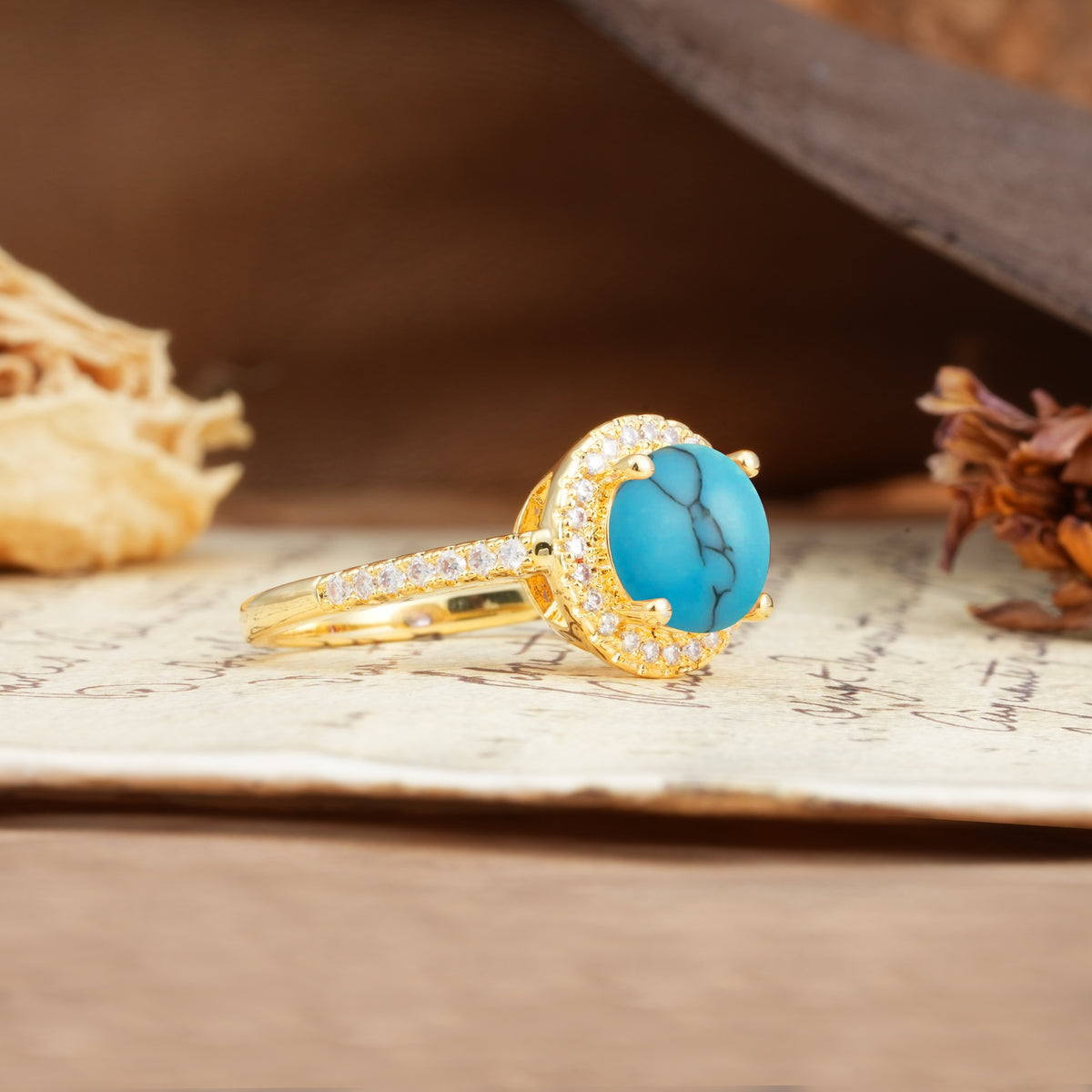 Luxurious and Dazzling 4 Prong Round Cut Turquoise Engagement Ring - Additional view