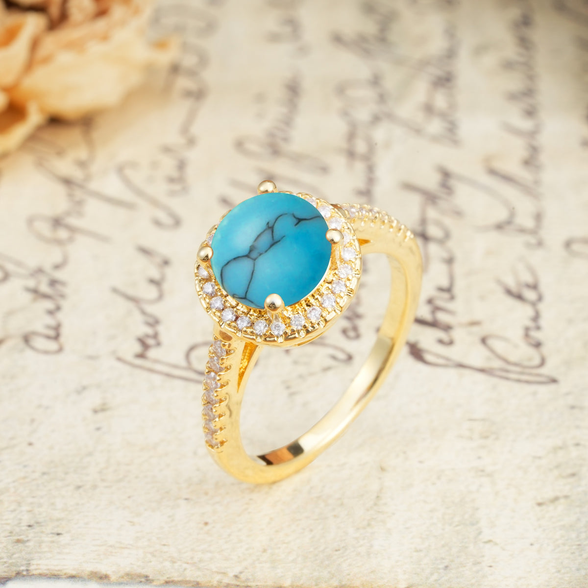 Luxurious and Dazzling 4 Prong Round Cut Turquoise Engagement Ring - Additional view