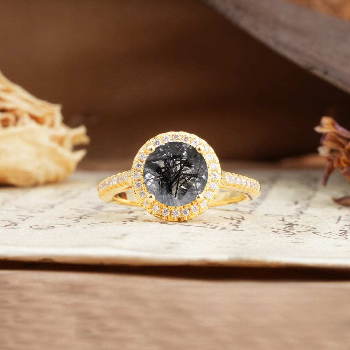 Luxurious and Dazzling 4 Prong Round Cut Black Rutilated Quartz Engagement Ring - Additional view