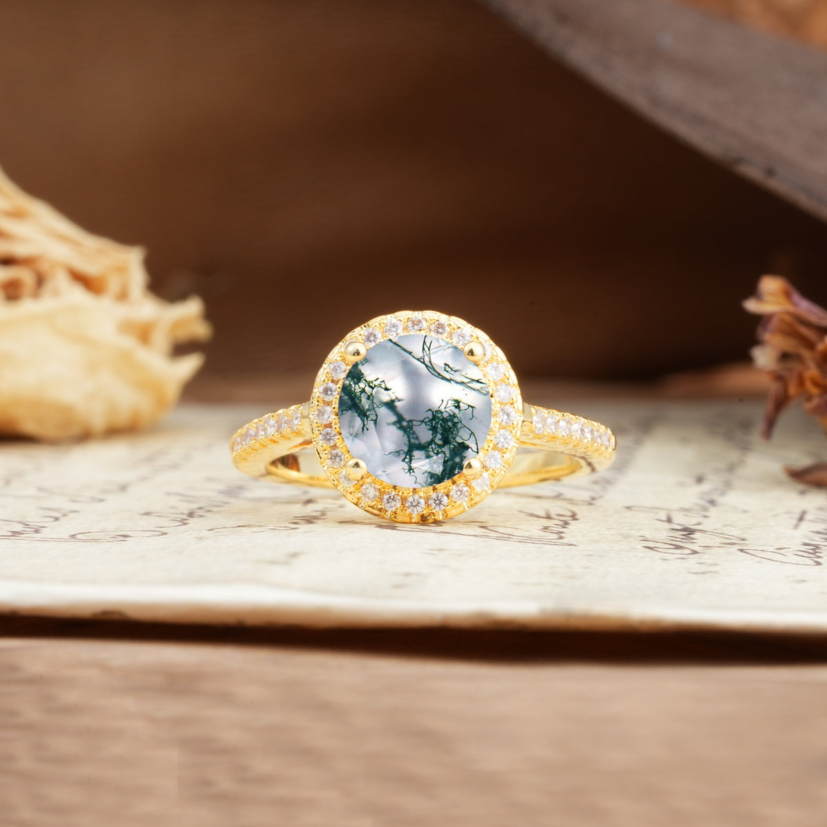 Luxurious and Dazzling 4 Prong Round Cut Moss Agate Engagement Ring - Additional view