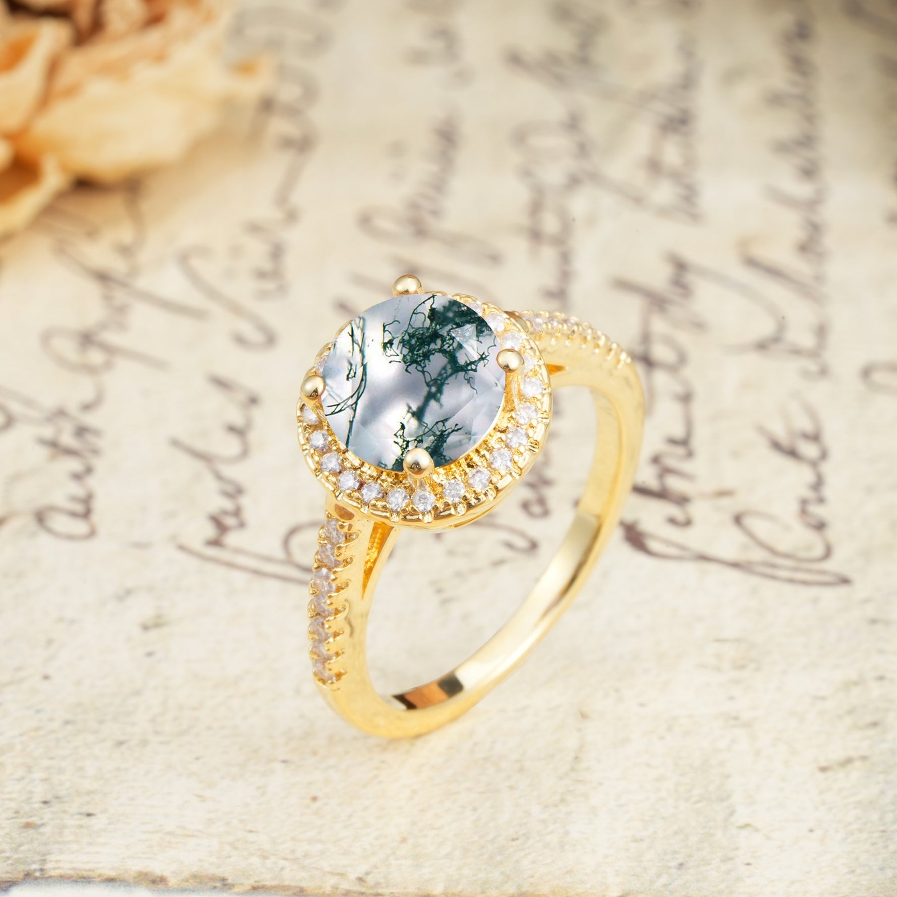 Luxurious and Dazzling 4 Prong Round Cut Moss Agate Engagement Ring - Additional view