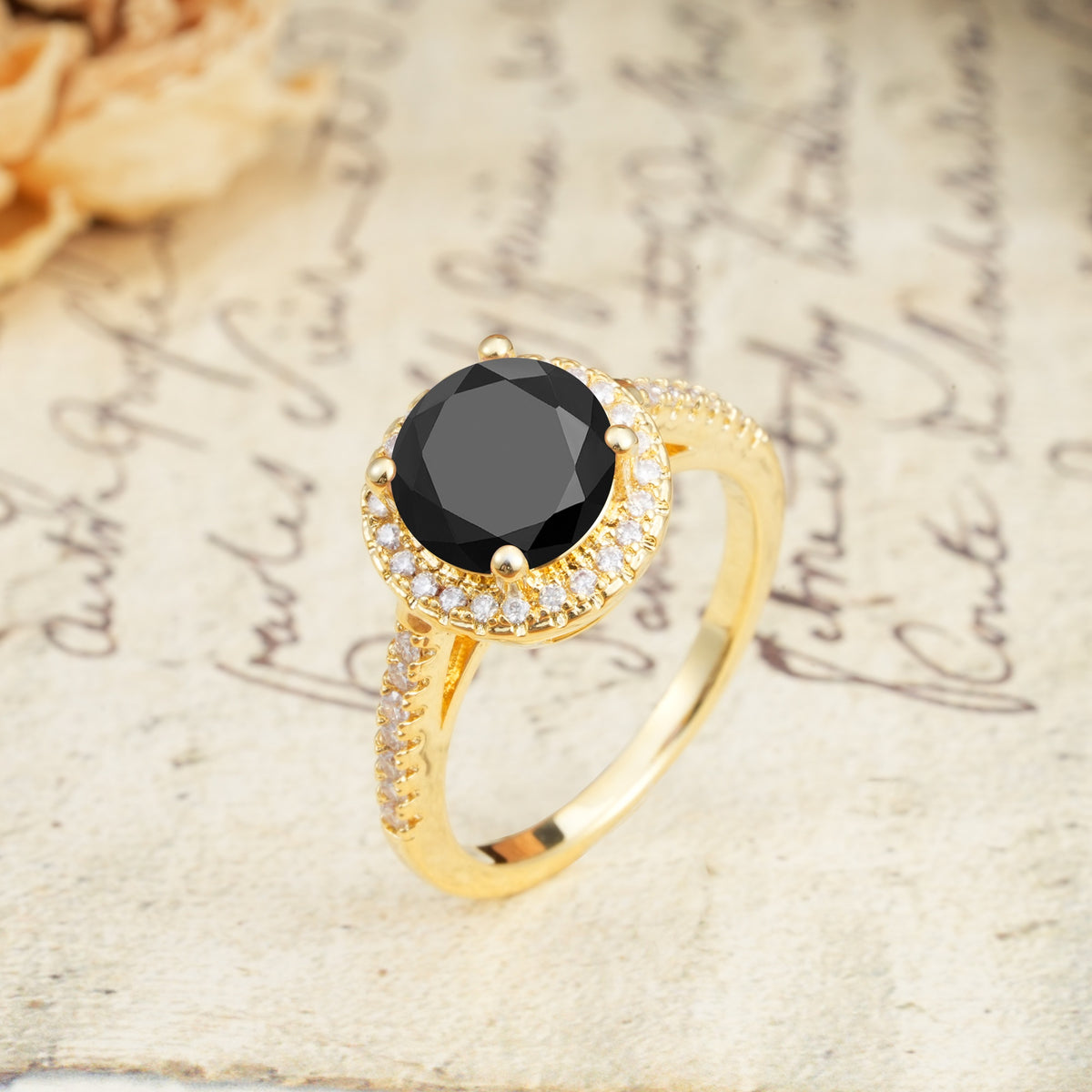 Luxurious and Dazzling 4 Prong Round Cut Black Onyx Engagement Ring - Additional view
