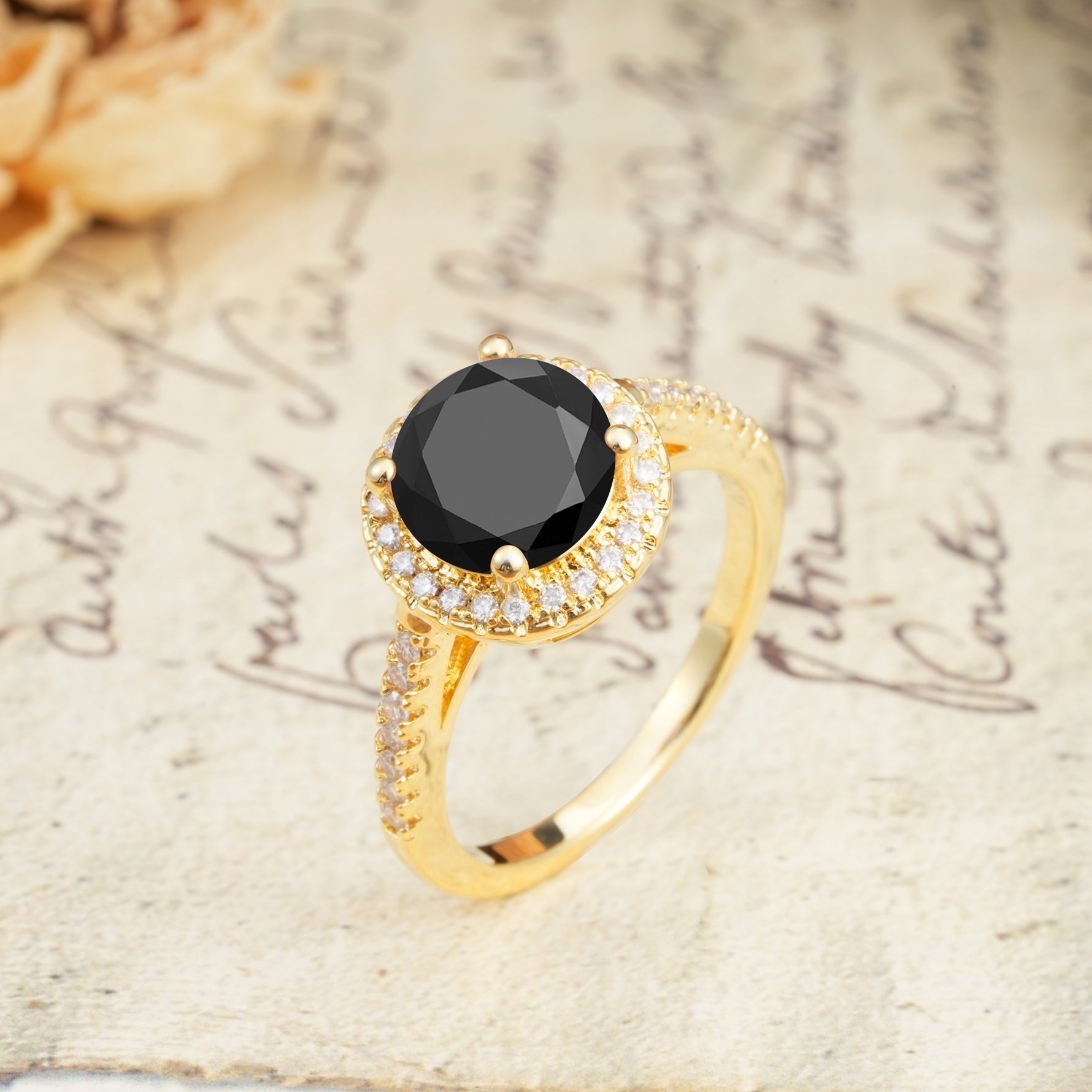 Luxurious and Dazzling 4 Prong Round Cut Black Onyx Engagement Ring - Additional view