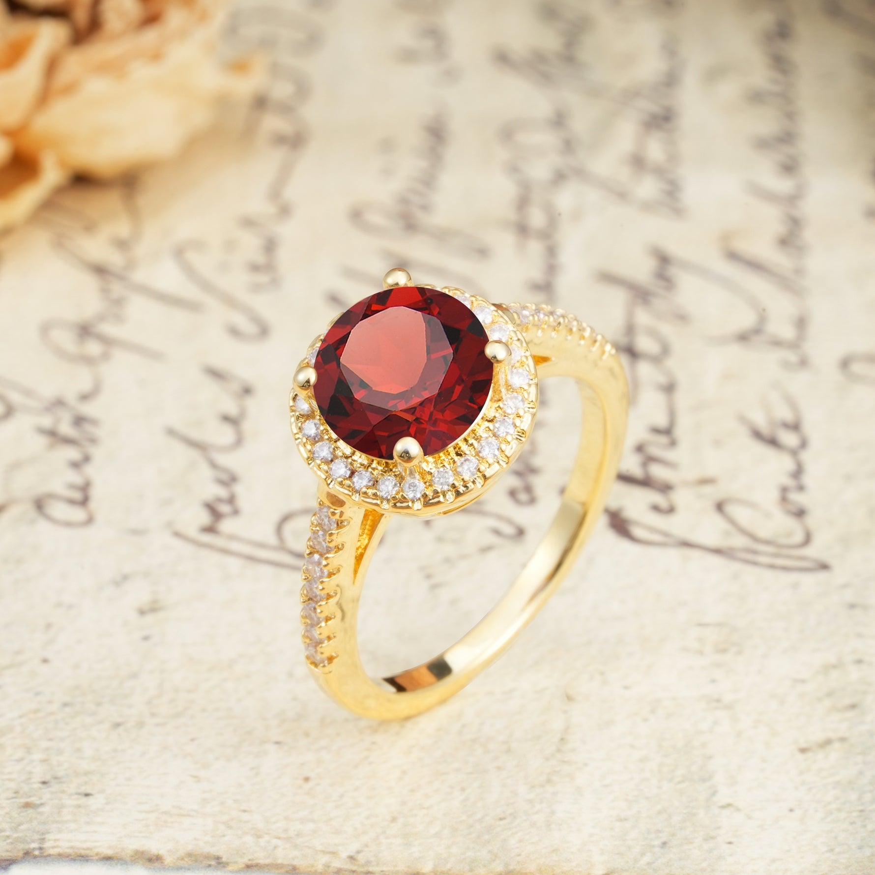 Luxurious and Dazzling 4 Prong Round Cut Garnet Engagement Ring - Additional view