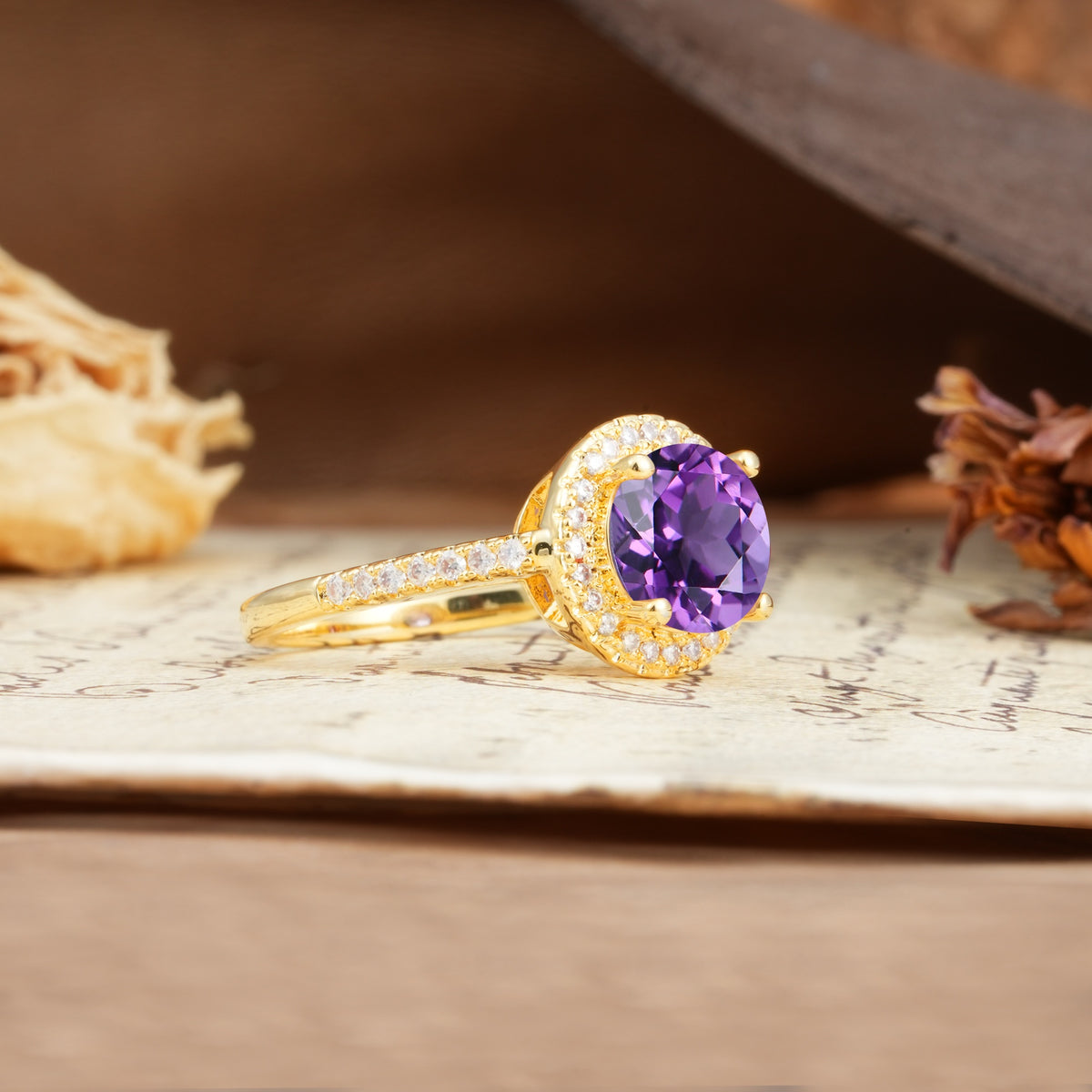 Luxurious and Dazzling 4 Prong Round Cut Amethyst Engagement Ring - Additional view