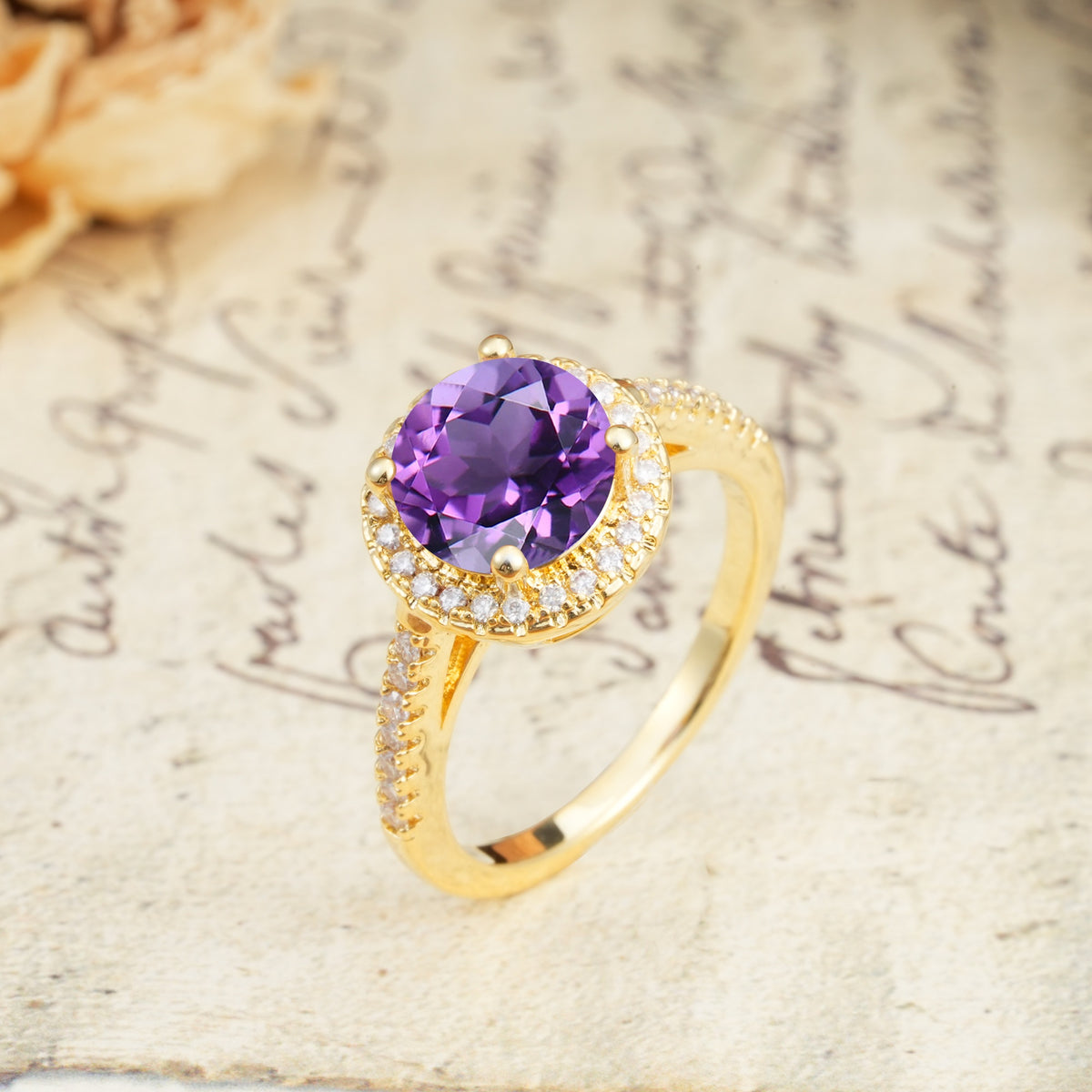 Luxurious and Dazzling 4 Prong Round Cut Amethyst Engagement Ring - Additional view