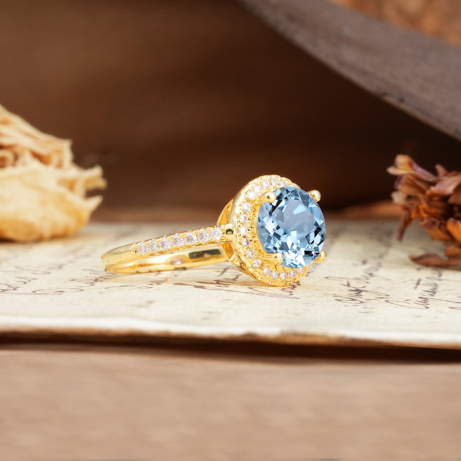 Luxurious and Dazzling 4 Prong Round Cut Aquamarine Engagement Ring