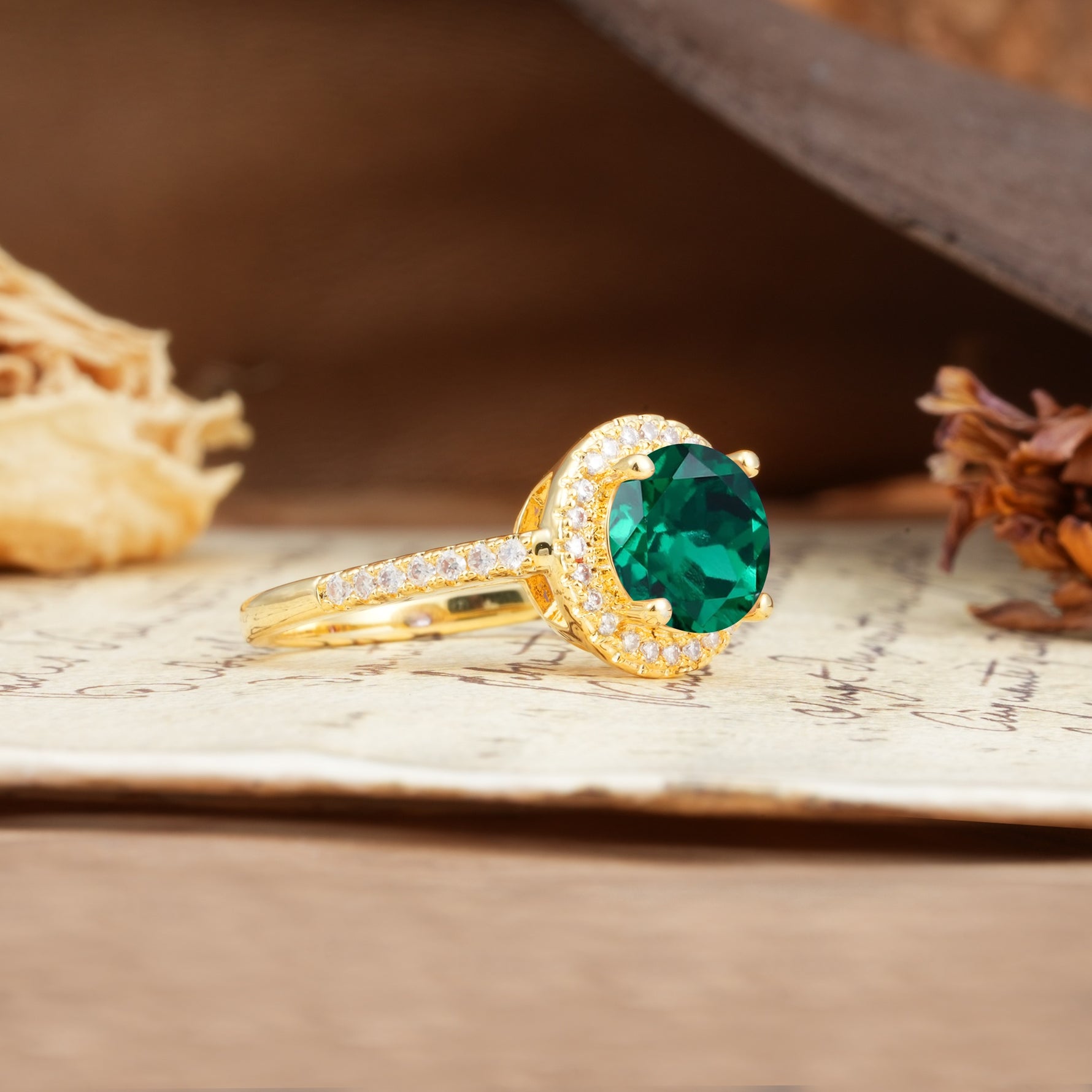 Luxurious and Dazzling 4 Prong Round Cut Emerald Engagement Ring - Additional view