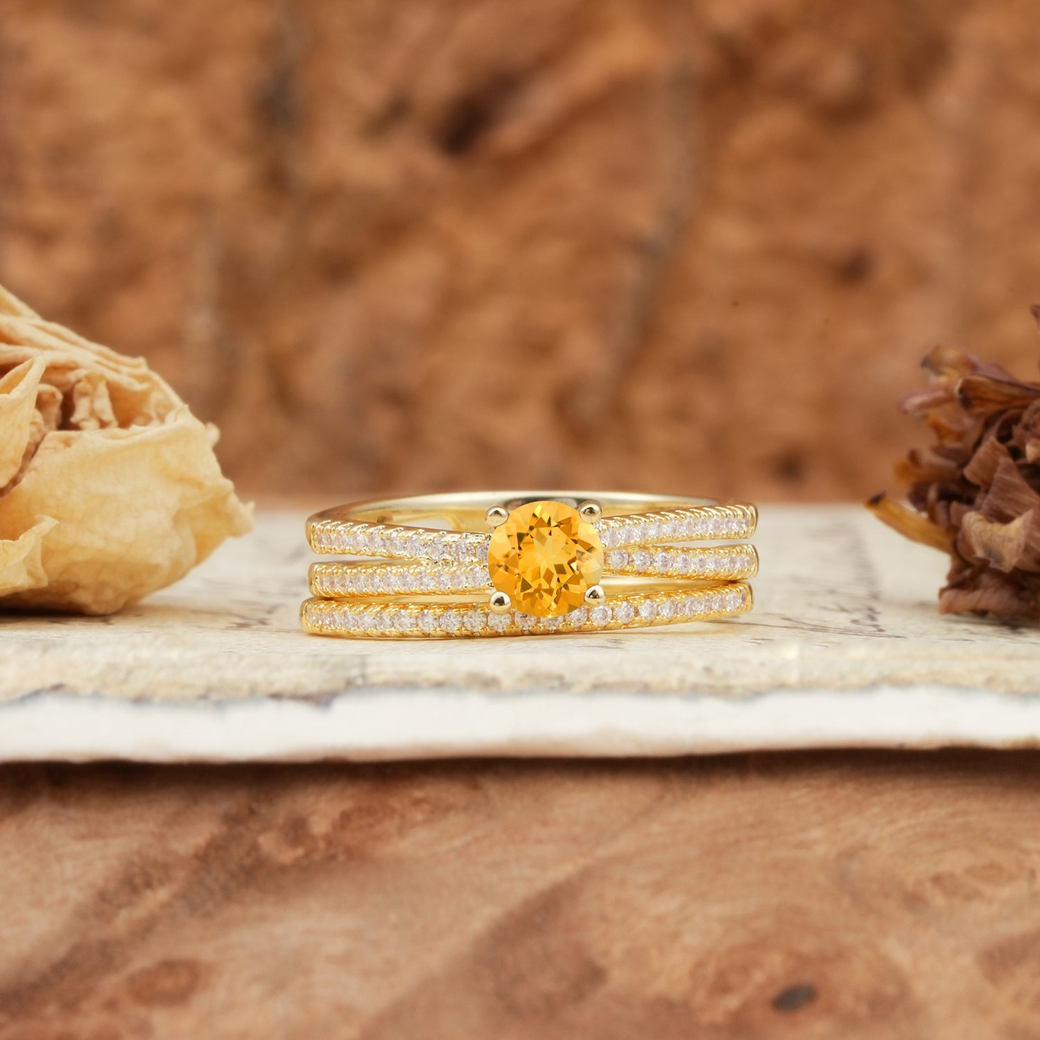 Vintage Art Deco Baguette Citrine Alternating Stacking Wedding Band - Yellow-Gold