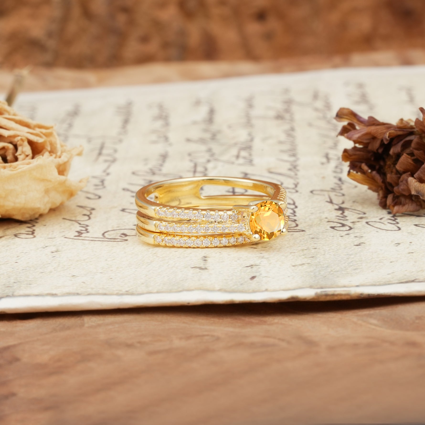 Vintage Art Deco Baguette Citrine Alternating Stacking Wedding Band - Rose-Gold