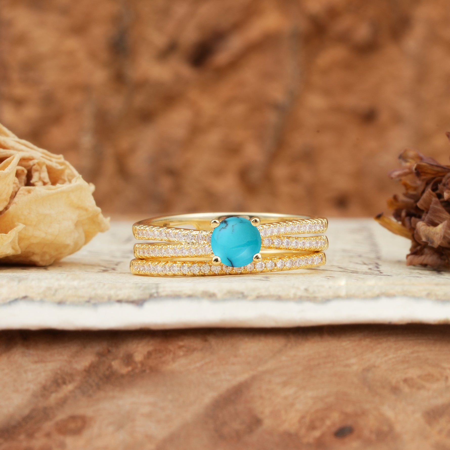 Vintage Art Deco Baguette Turquoise Alternating Stacking Wedding Band - Yellow-Gold