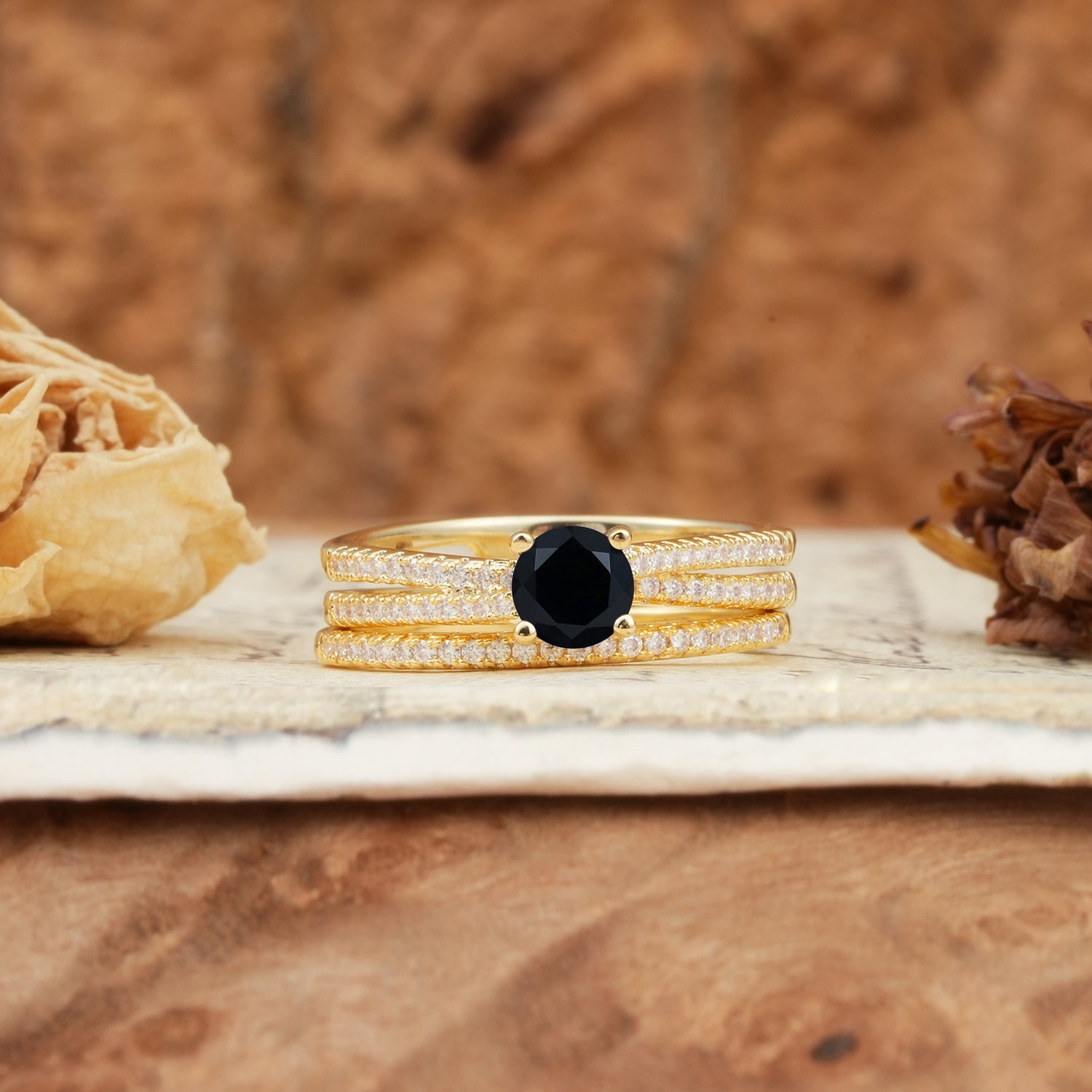 Vintage Art Deco Baguette Black Onyx Alternating Stacking Wedding Band - Yellow-Gold