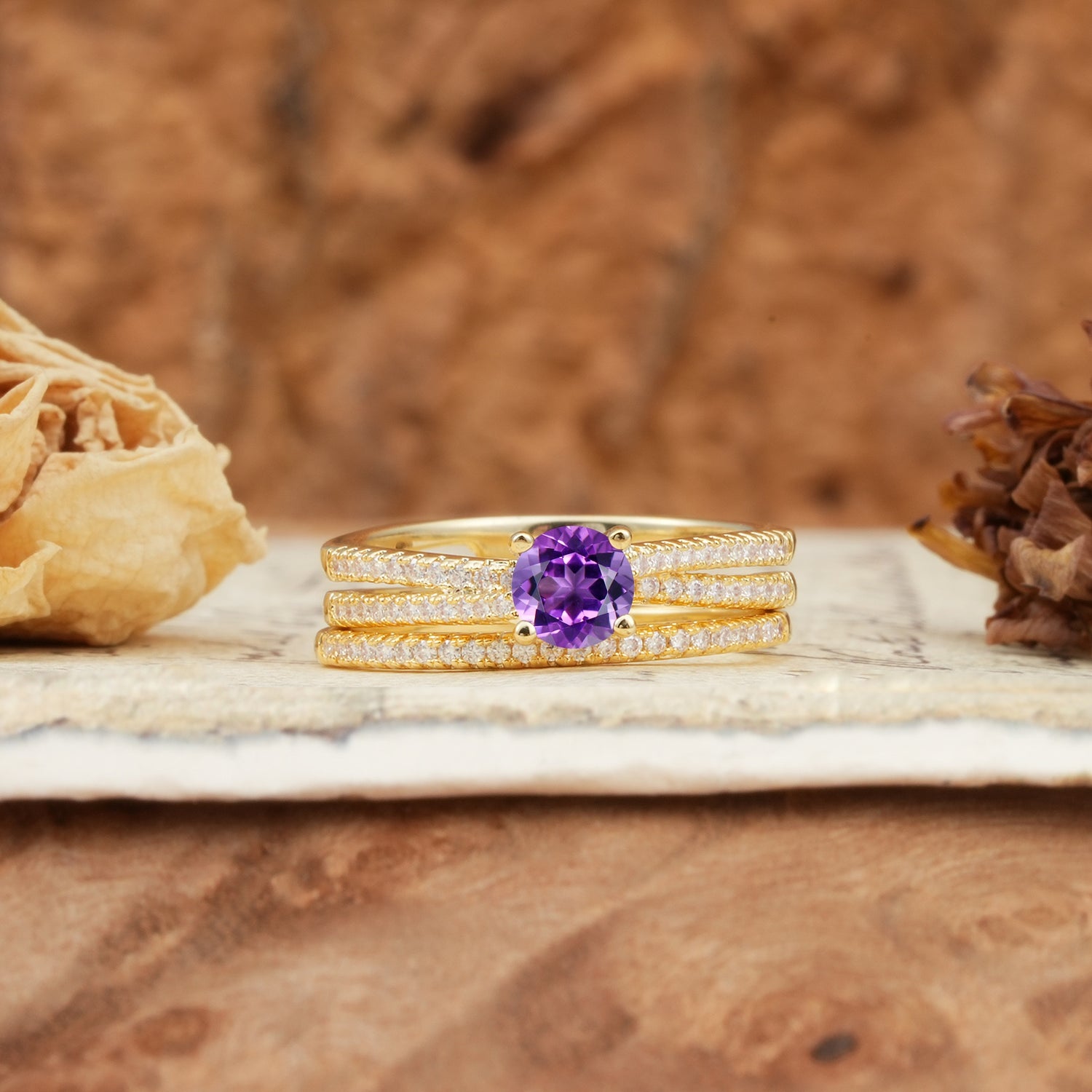 Vintage Art Deco Baguette Amethyst Alternating Stacking Wedding Band - Yellow-Gold