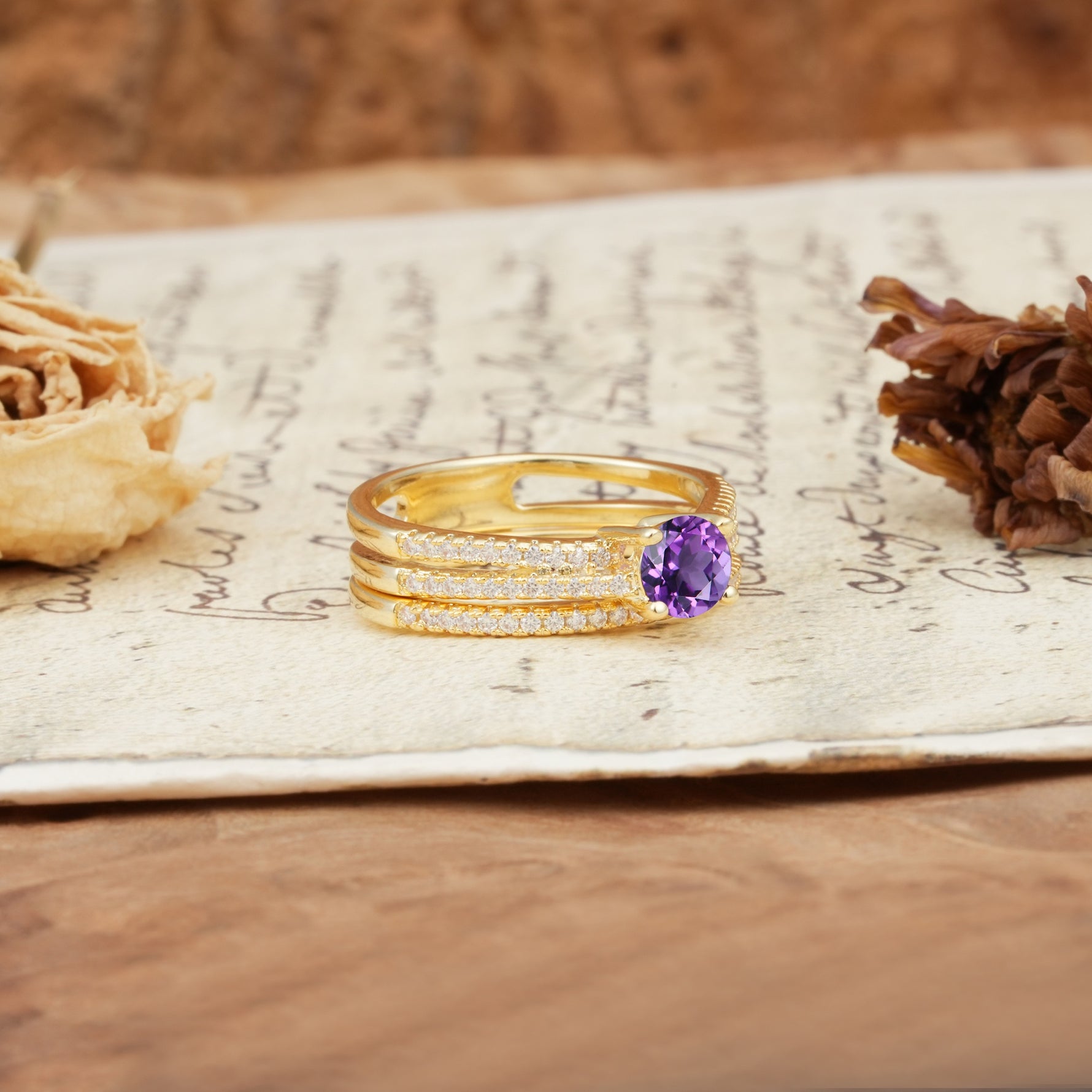 Vintage Art Deco Baguette Amethyst Alternating Stacking Wedding Band - Rose-Gold