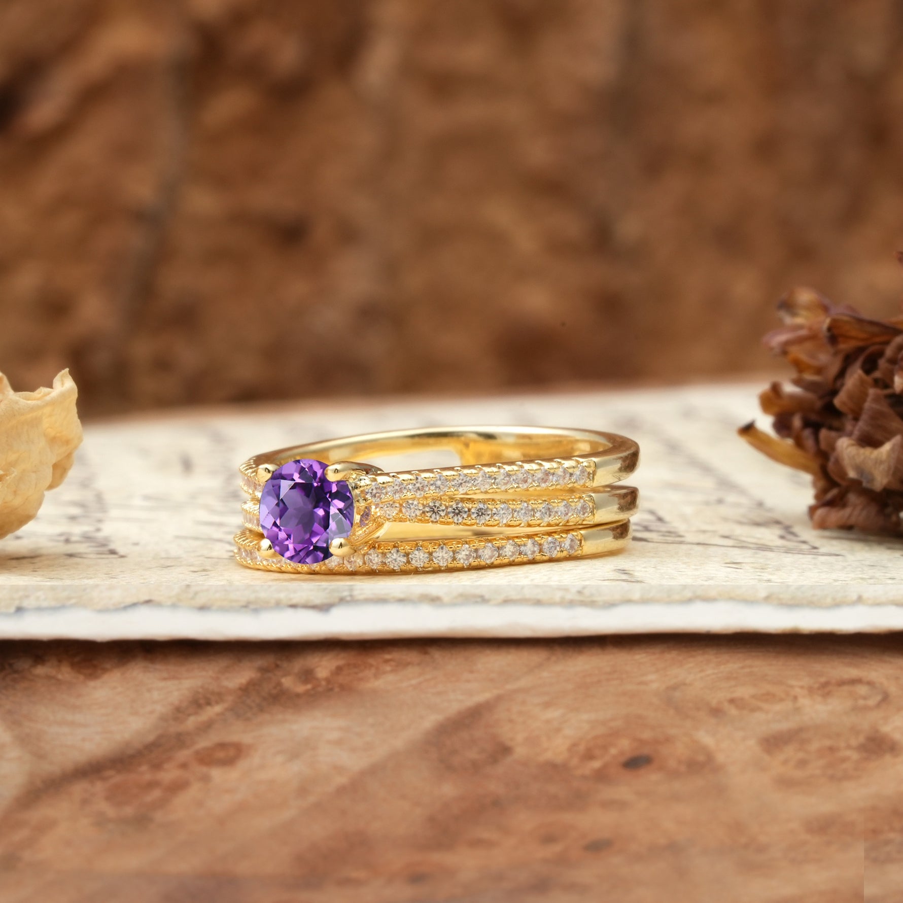 Vintage Art Deco Baguette Amethyst Alternating Stacking Wedding Band - Additional view