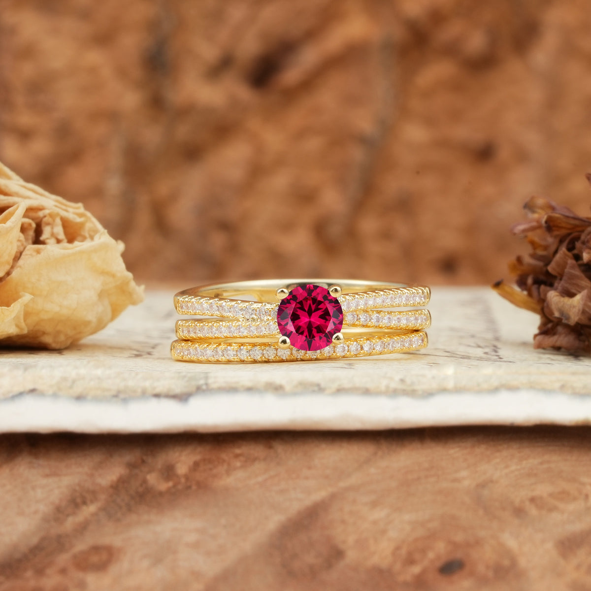 Vintage Art Deco Baguette Ruby Alternating Stacking Wedding Band - Yellow-Gold