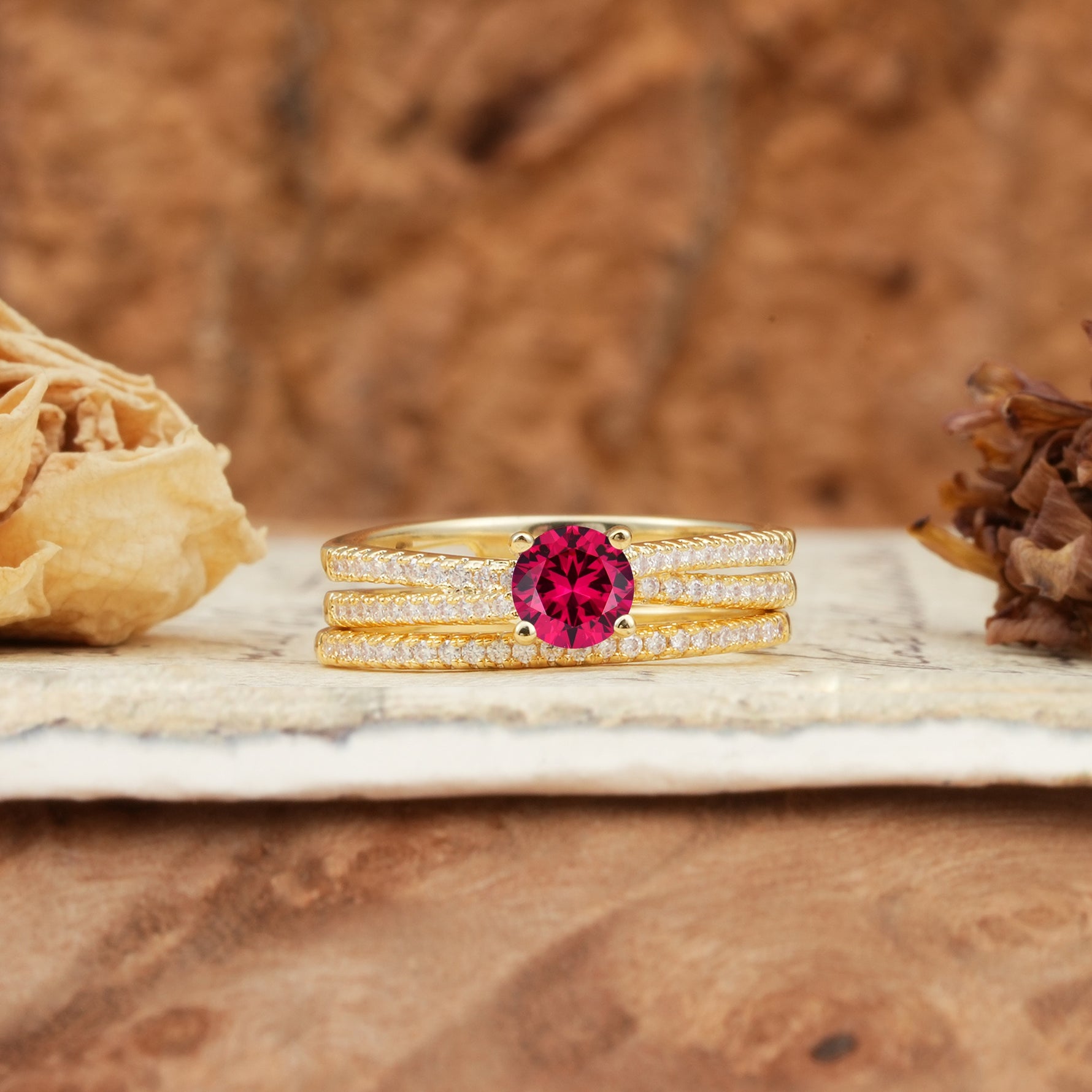 Vintage Art Deco Baguette Ruby Alternating Stacking Wedding Band - Yellow-Gold
