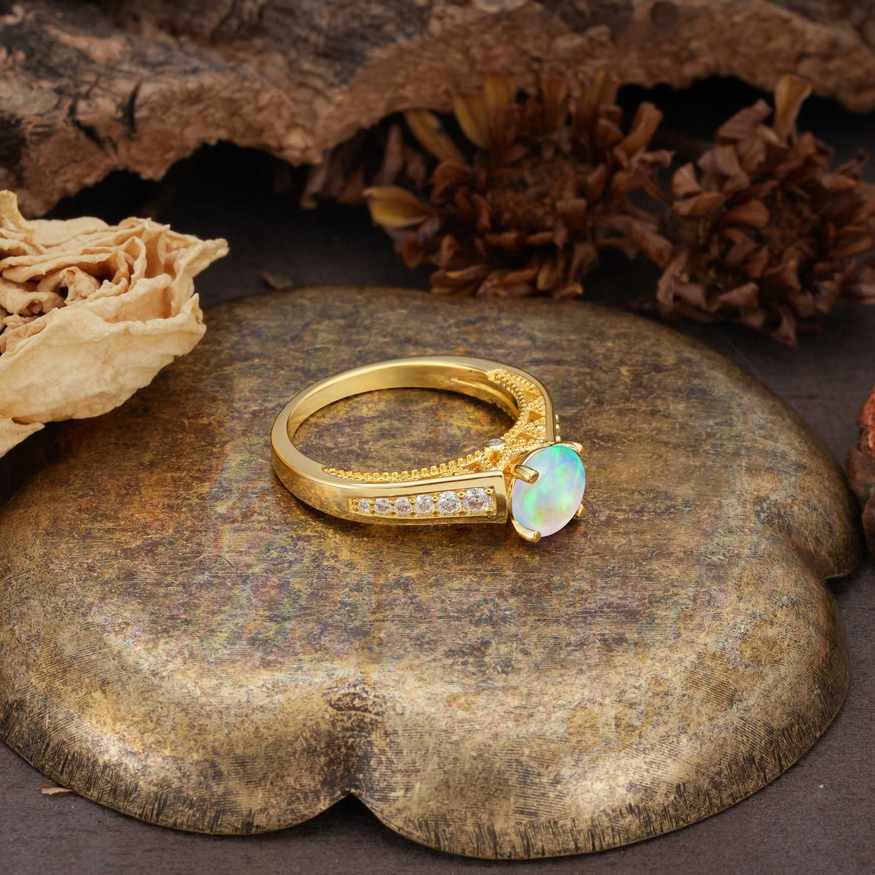 Retro-Minimalist 4-Prong Round Cut Fire Opal Engagement Ring - Additional view