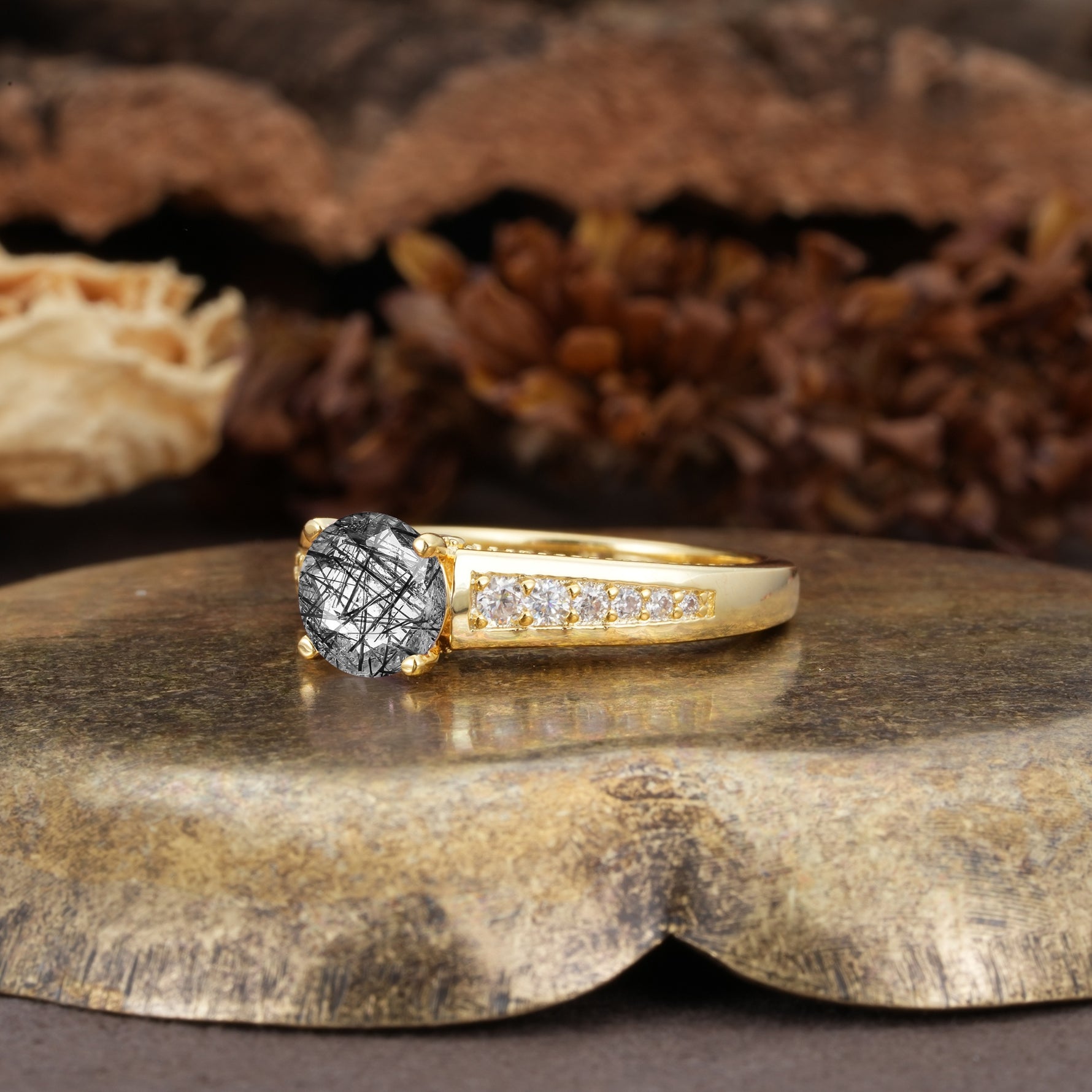 Retro-Minimalist 4-Prong Round Cut Black Rutilated Quartz Engagement Ring - Additional view