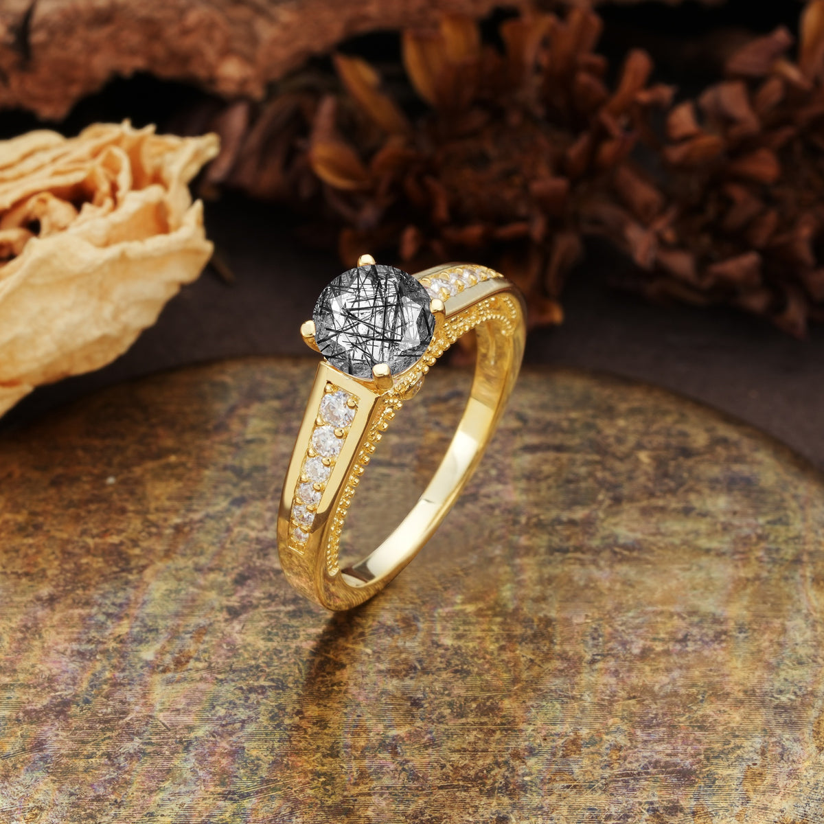 Retro-Minimalist 4-Prong Round Cut Black Rutilated Quartz Engagement Ring - Additional view