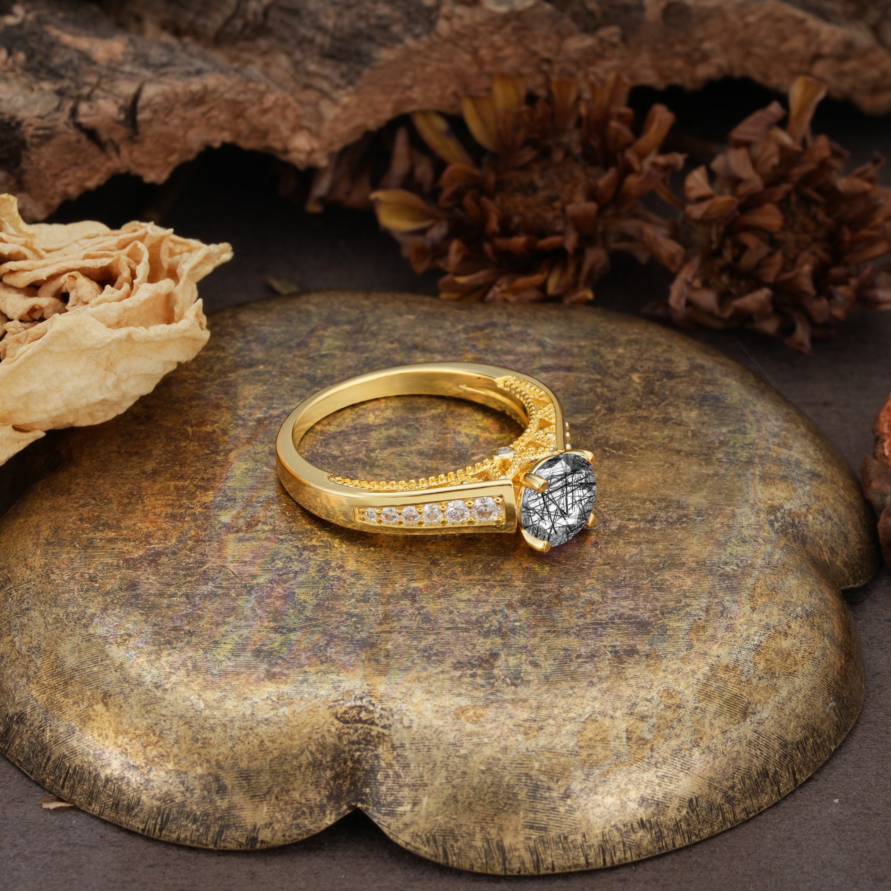 Retro-Minimalist 4-Prong Round Cut Black Rutilated Quartz Engagement Ring - Additional view